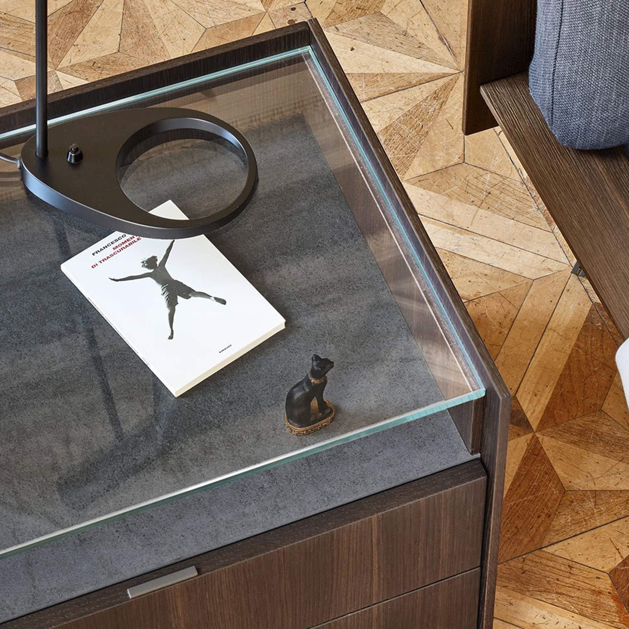 Close-up of San Giacomo Cabaret Glass Nightstand with glass top and fine craftsmanship details