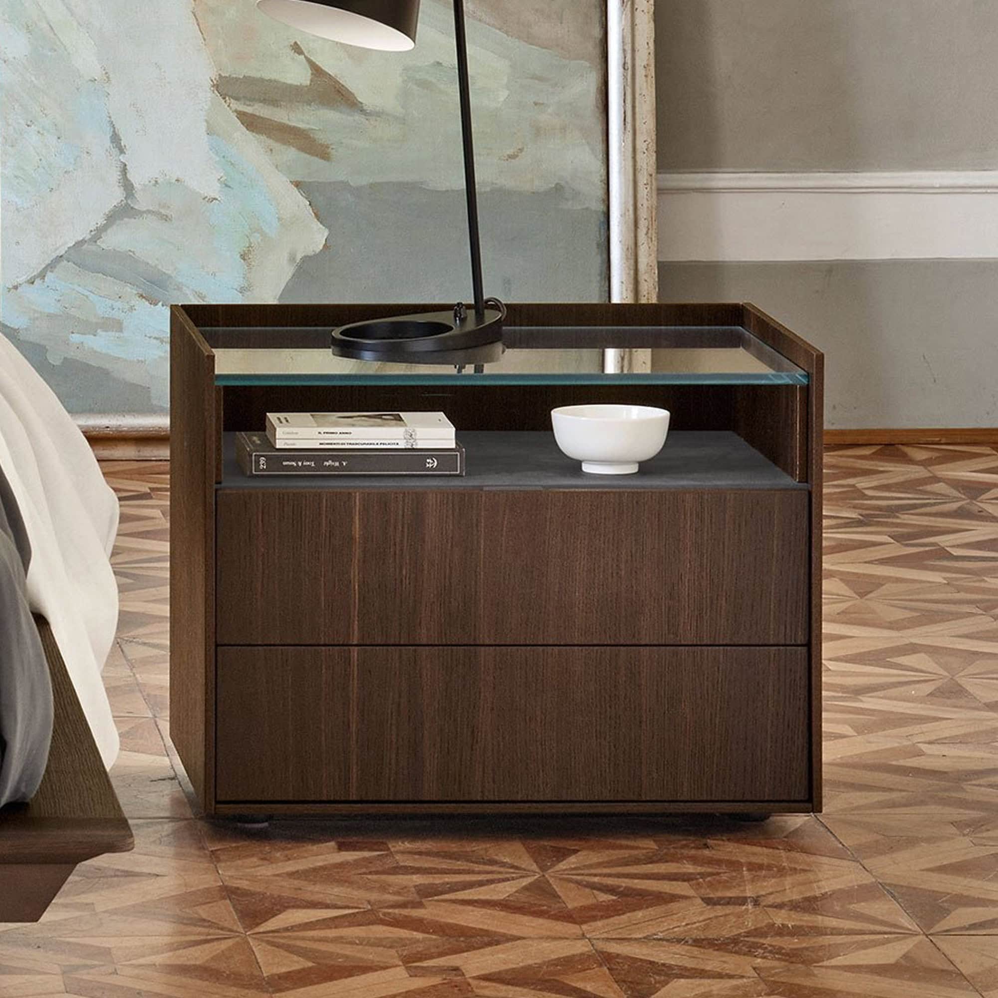 San Giacomo Cabaret Glass Nightstand in walnut wood finish with two drawers and glass top