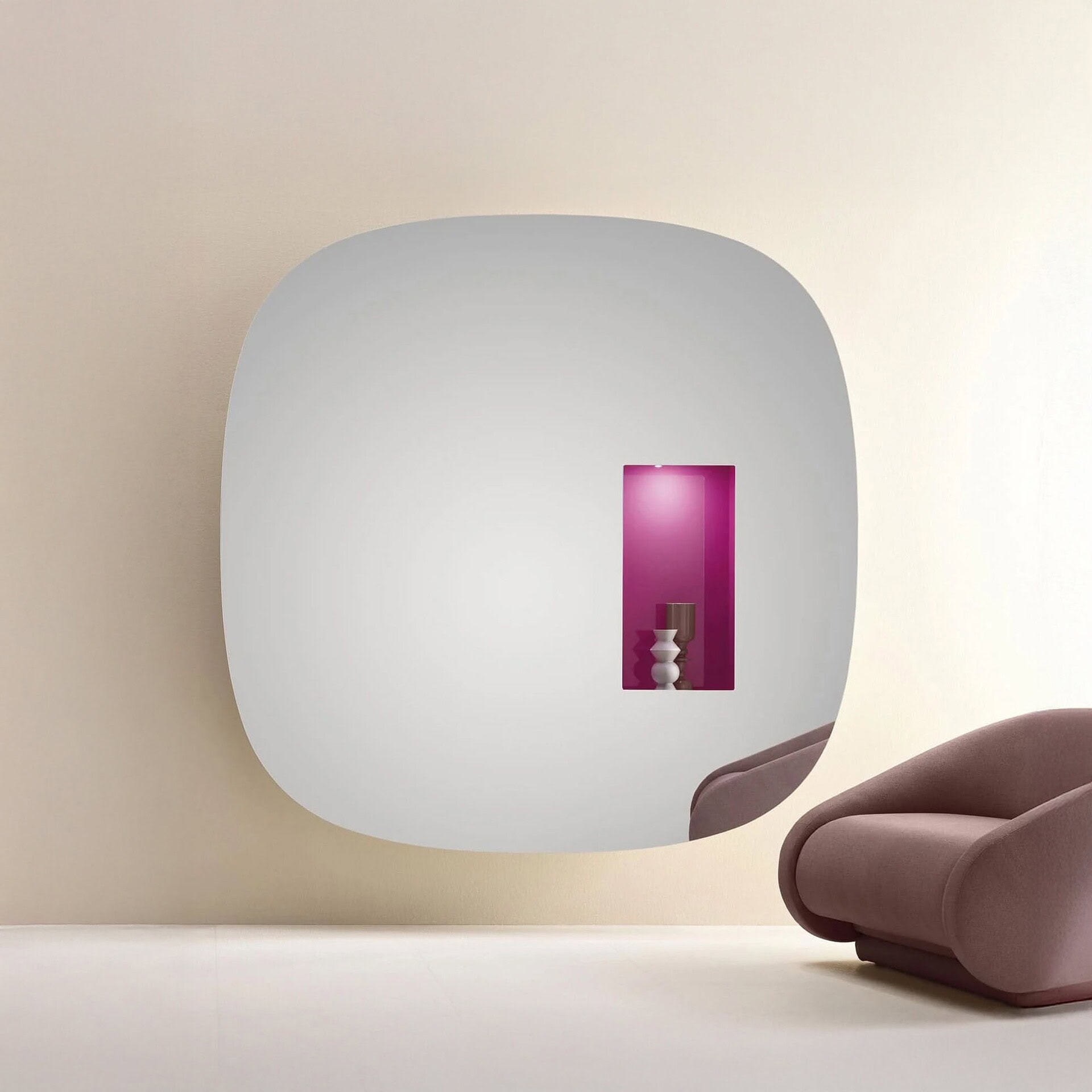 Aperture Mirror by Tonelli with hidden compartment in a modern interior