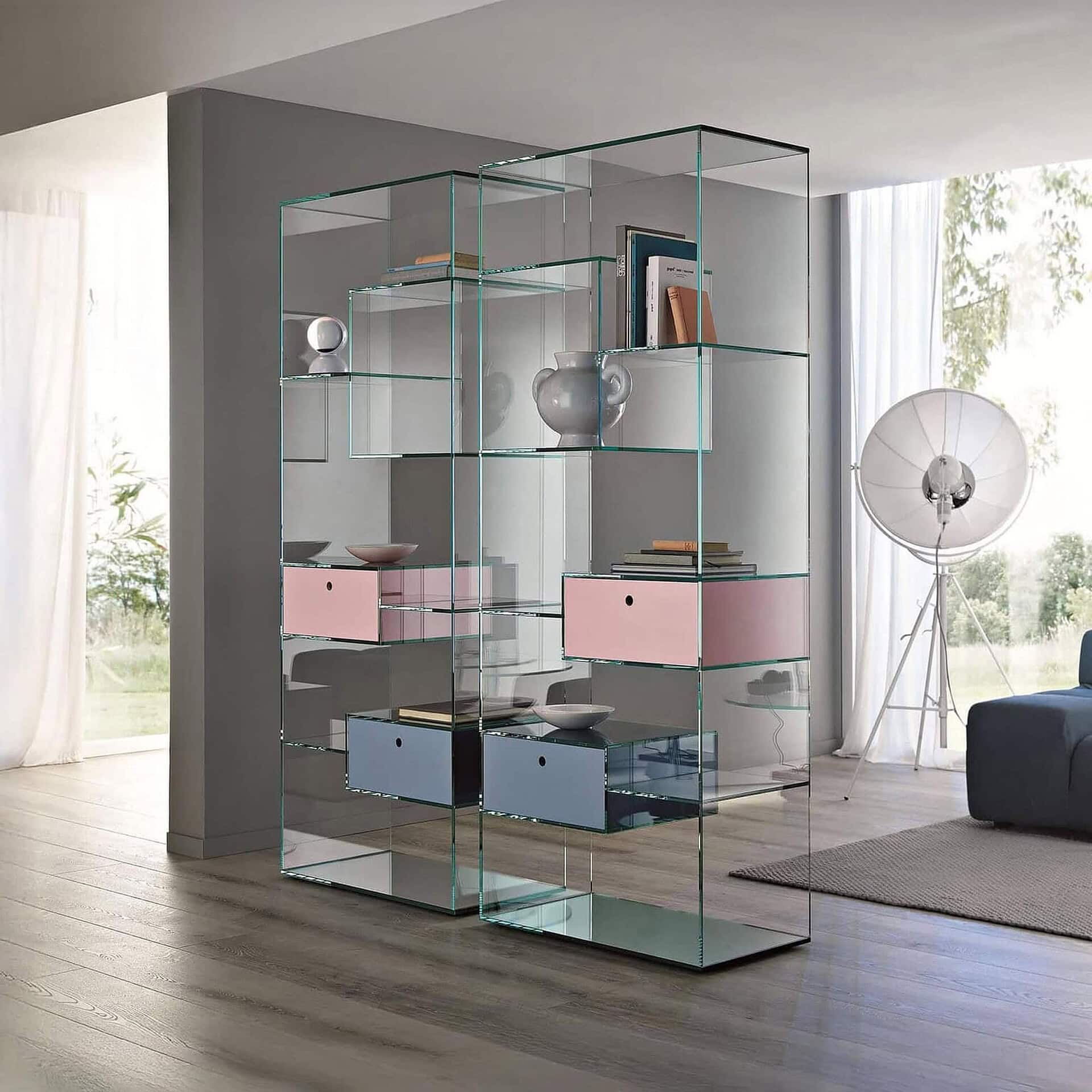 Elegant glass bookcase with multiple shelves for stylish storage and display.