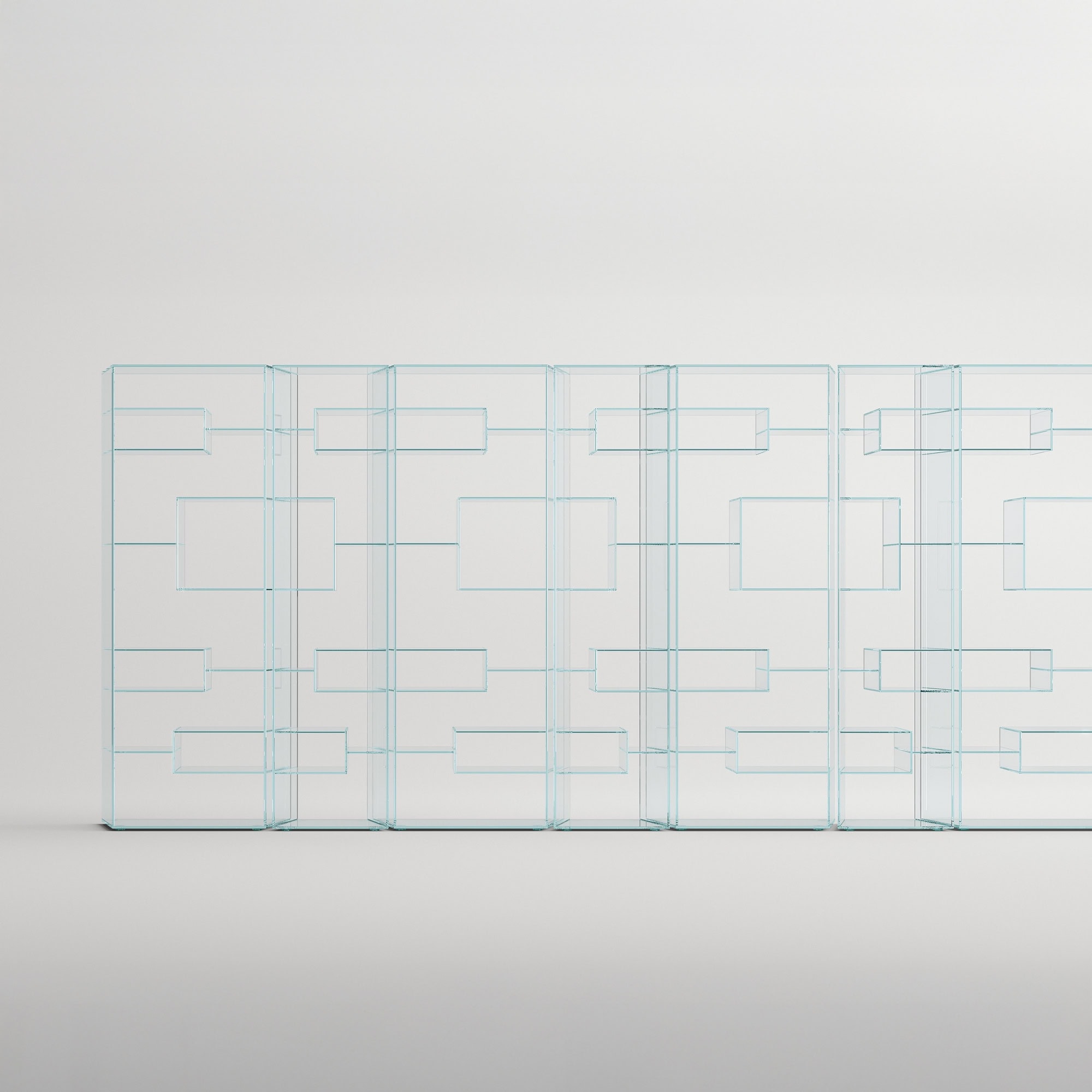 Tonelli Liber Bookcase full frontal view, transparent glass structure with multiple shelving units.