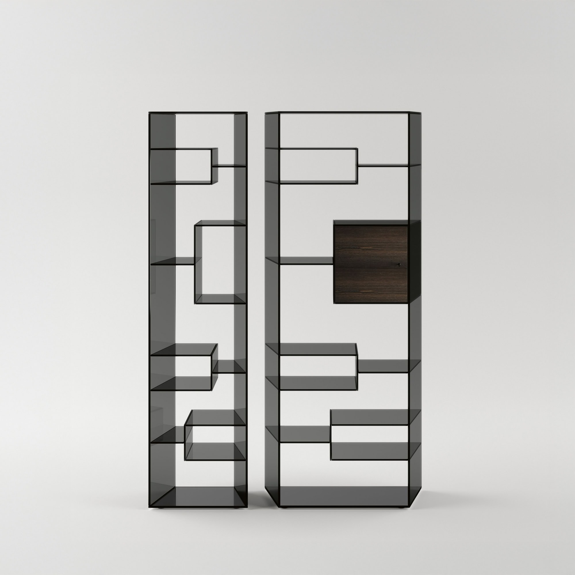 Tonelli Liber Bookcase with smoked glass frame and dark wood drawer accents.