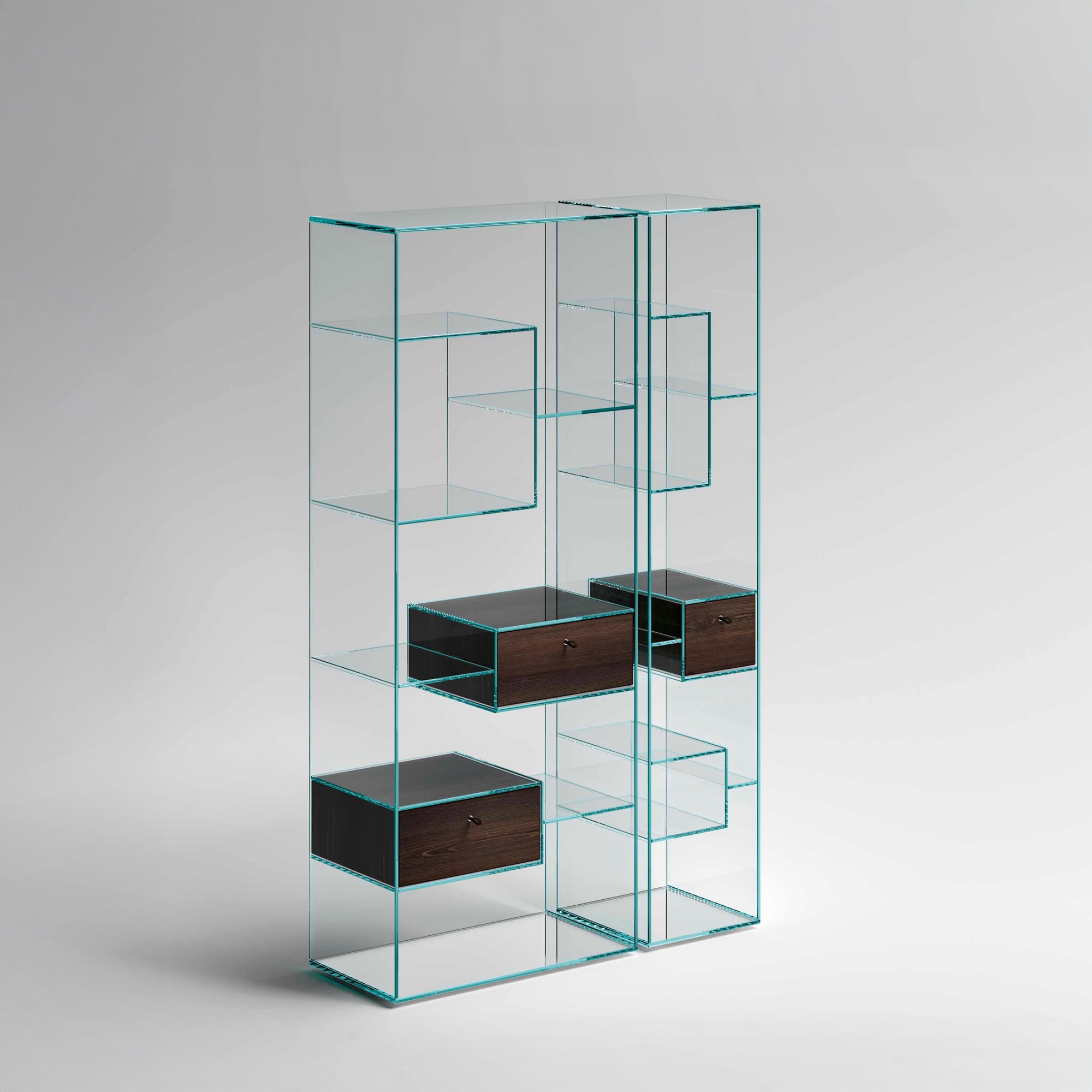 Tonelli Liber Bookcase vertical configuration with glass shelving and optional drawers.
