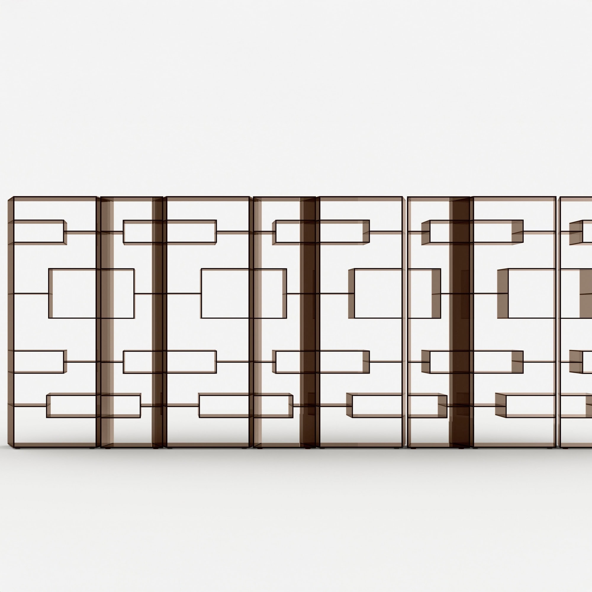 Tonelli Liber Bookcase in warm-toned glass and wood, modular shelving system.