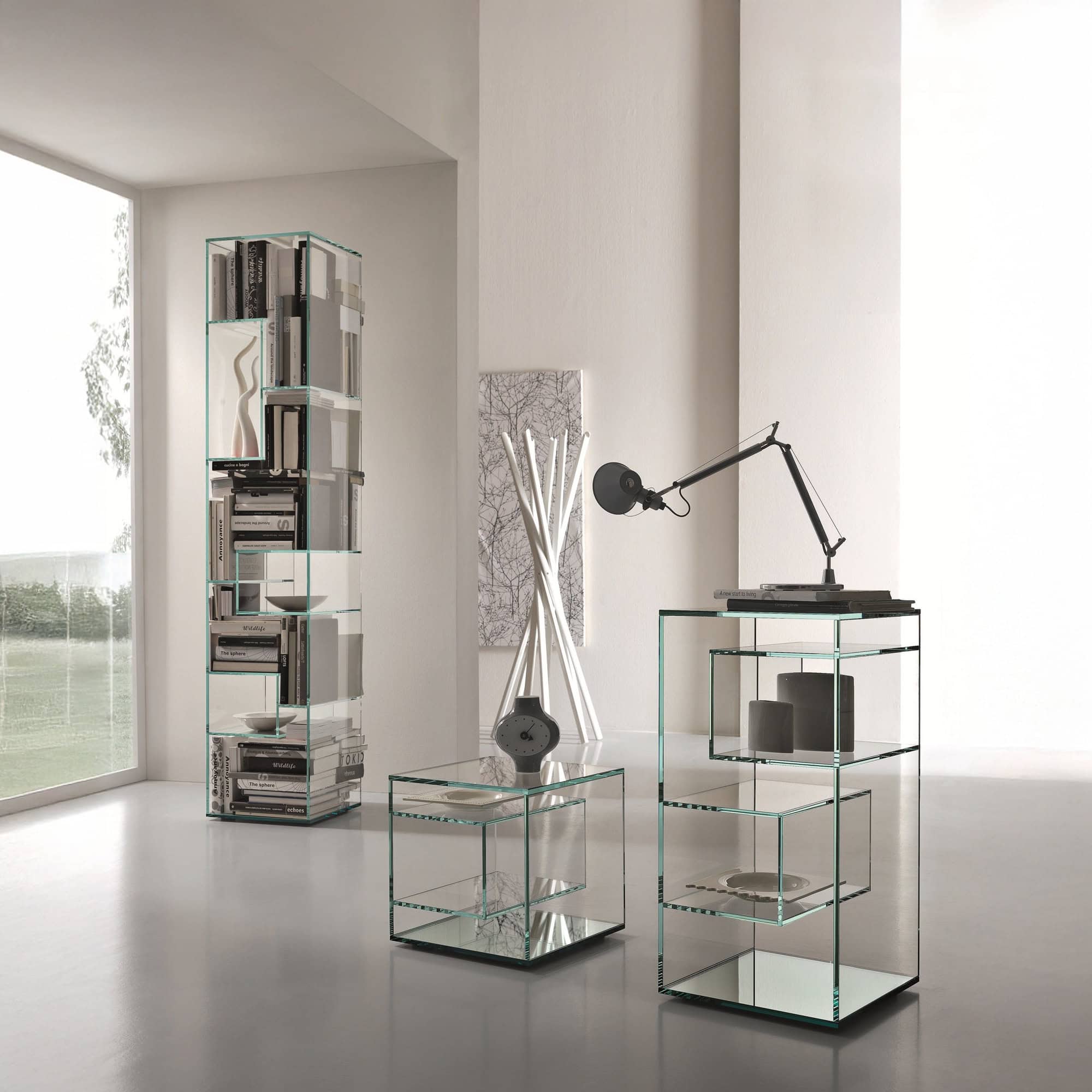 Tonelli Liber Bookcase styled in a contemporary interior, used as a room divider.
