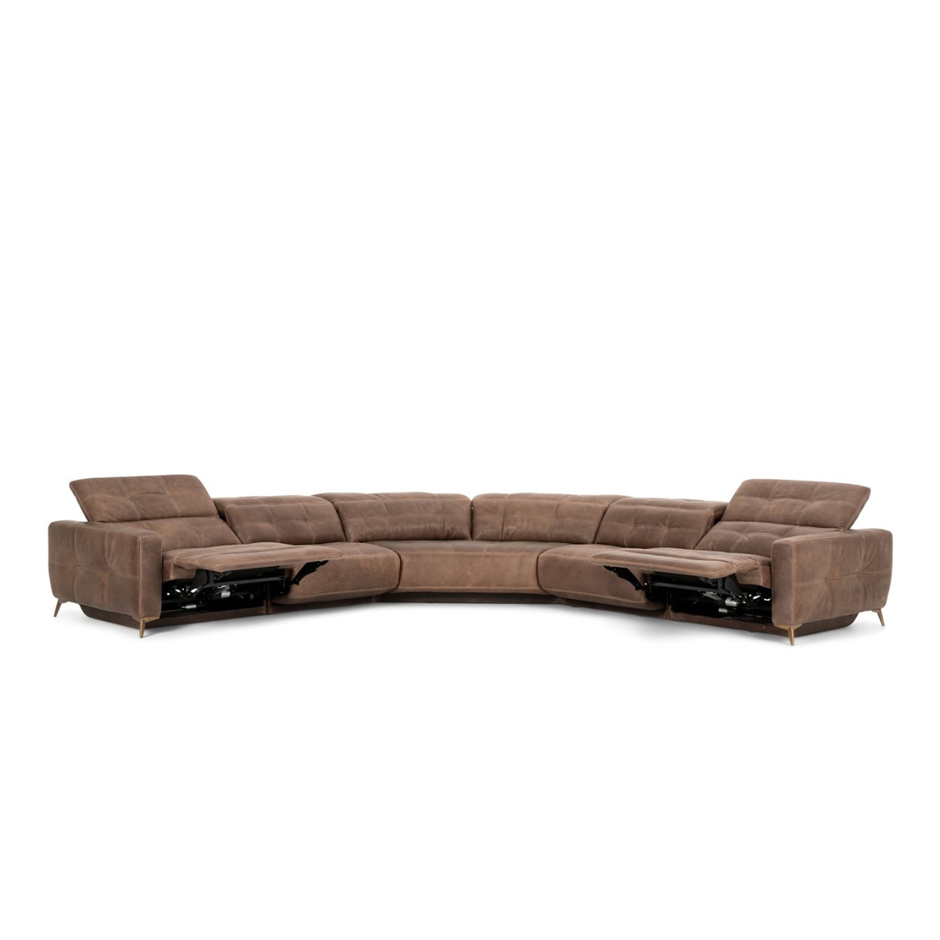 Verona Modular Motion Sectional Sofa in brown leather with extended reclining seats, shown against a white background.