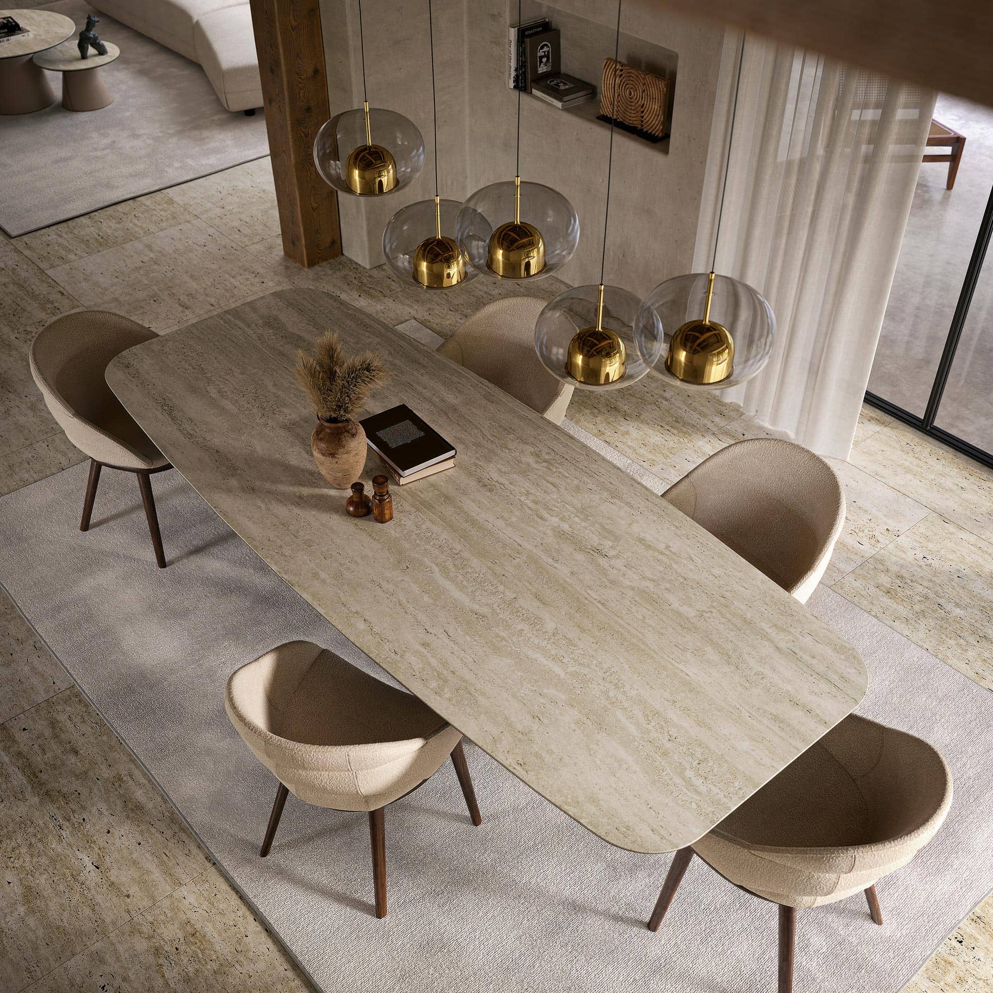 Detail of Skorpio Keramik’s ceramic top in a warm marble finish.