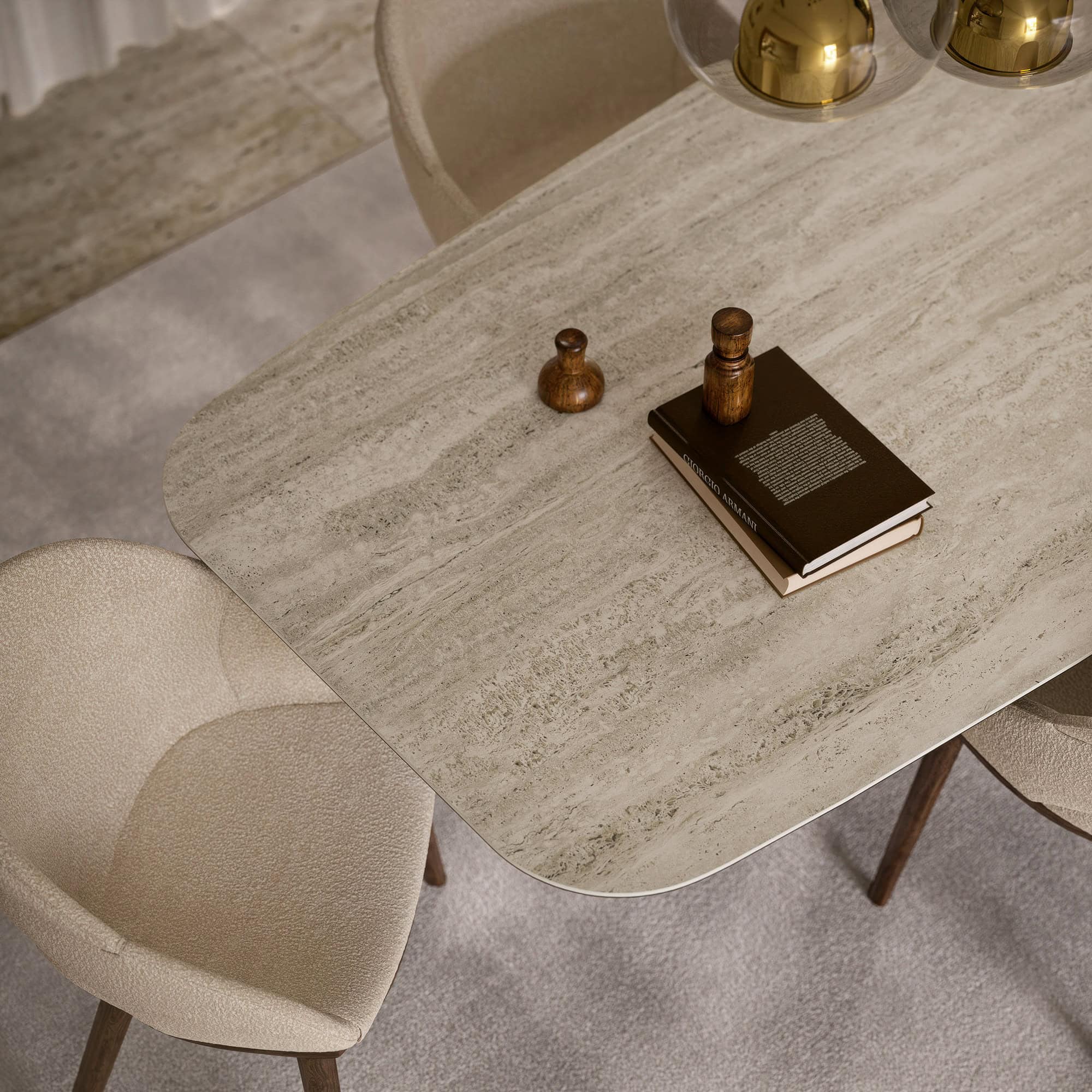 Skorpio Keramik rectangular dining table with brushed steel base in a minimalist dining room.