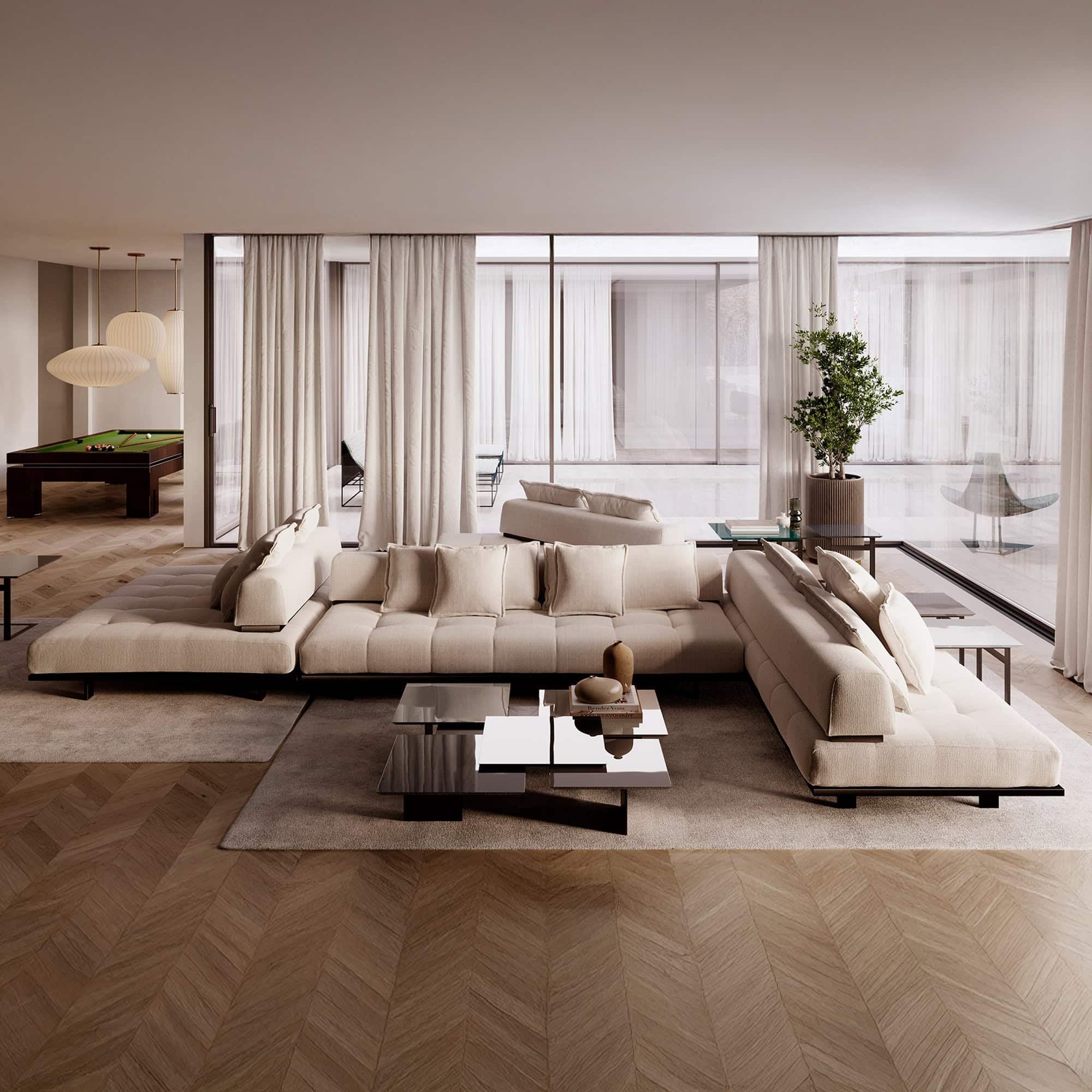 Luxurious modern living room with beige sectional sofa, large windows, and elegant decor, showcasing high-end furnishings.