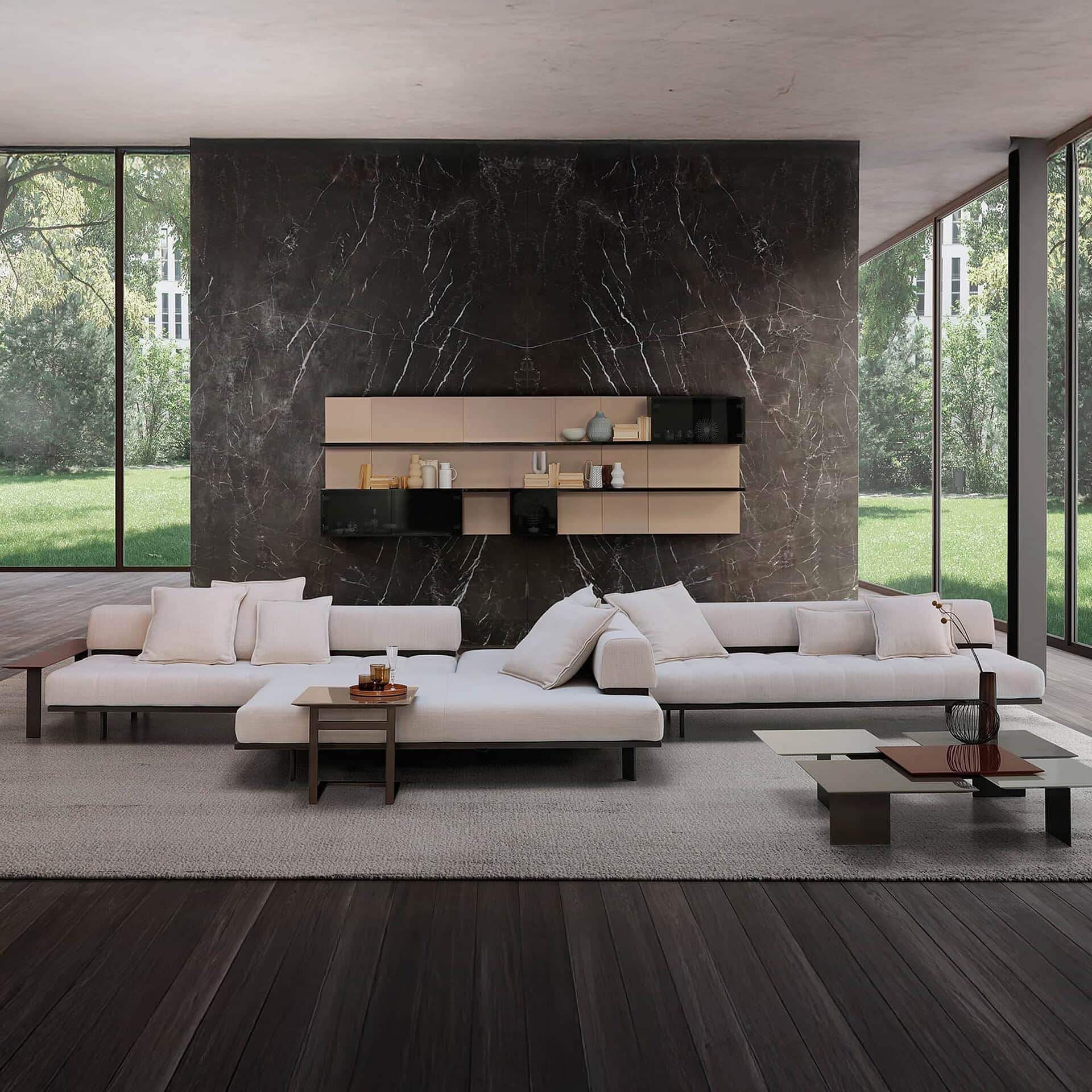 Sleek modern living room with white sectional sofa, dark wood flooring, and a striking marble feature wall.