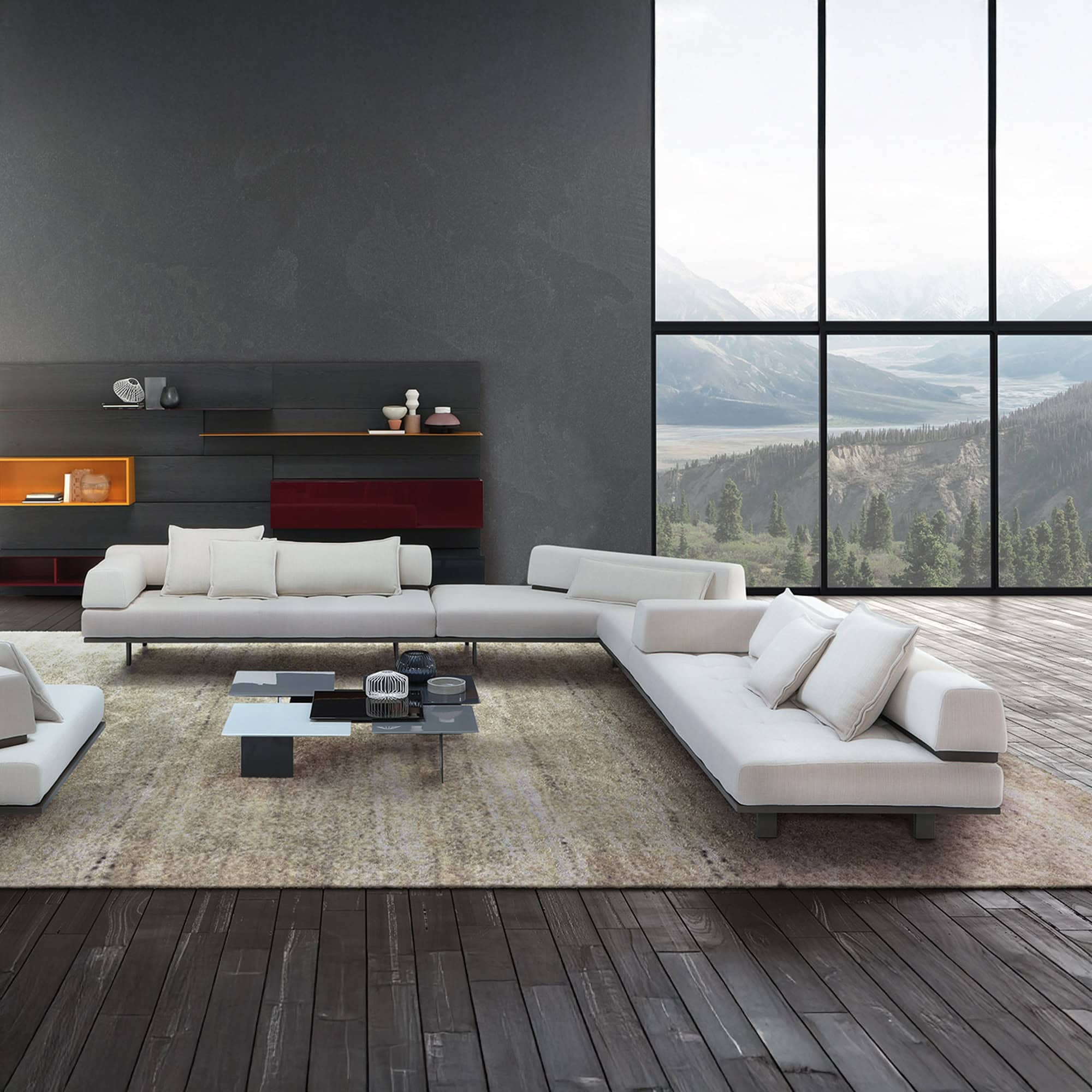 White modern sectional sofa with decorative pillows in stylish living room.