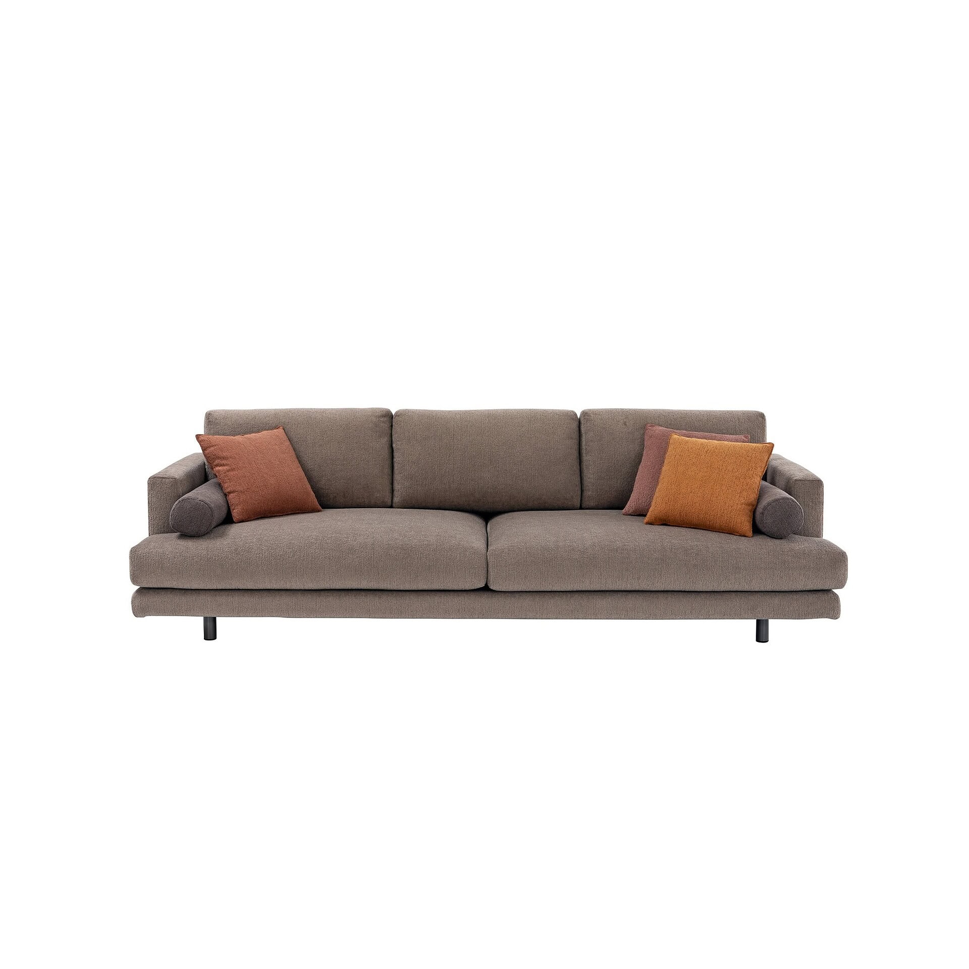 Chic modern gray fabric sofa with accent pillows, perfect for stylish living rooms.