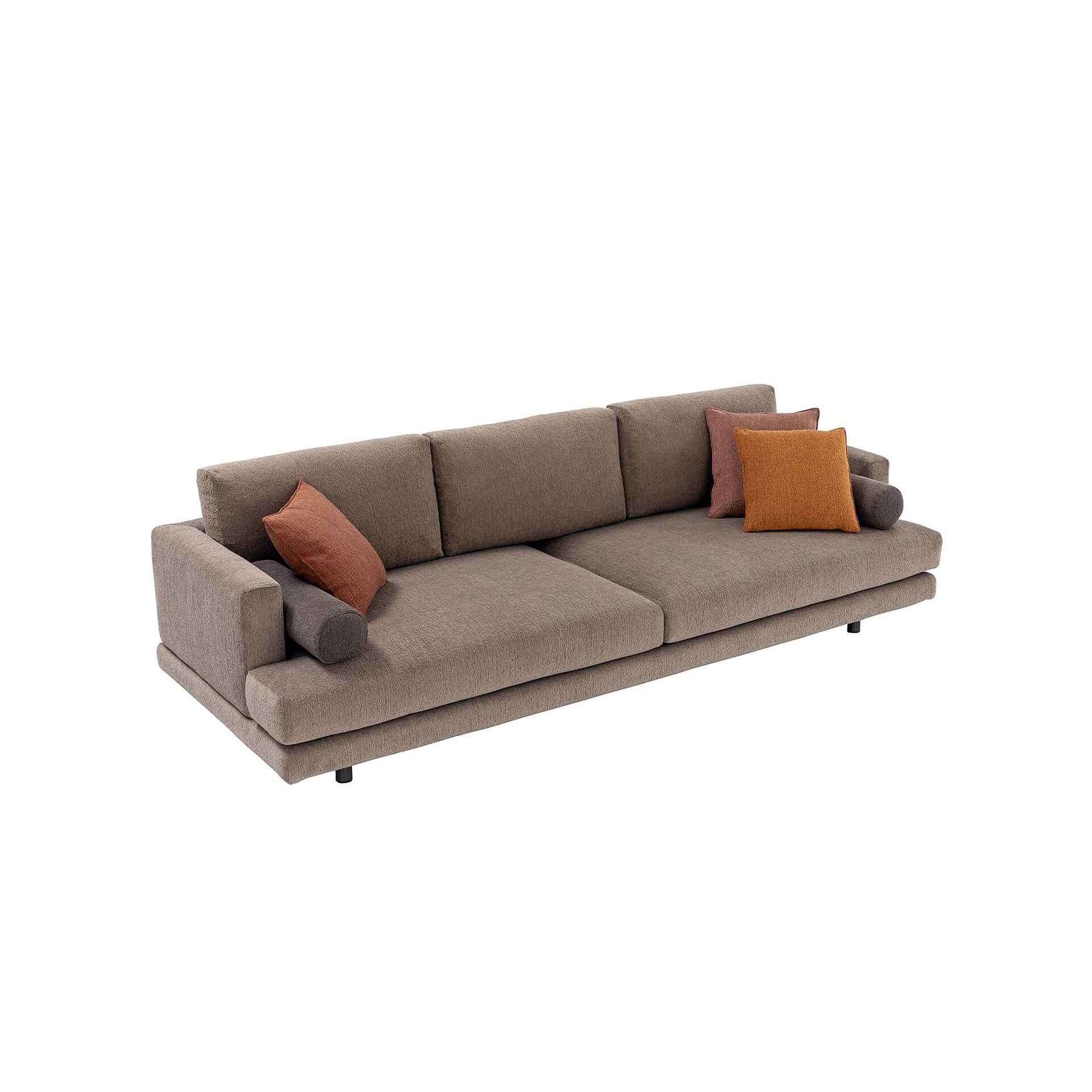 Modern taupe fabric sofa with colorful accent pillows, stylish and comfortable for living room decor.