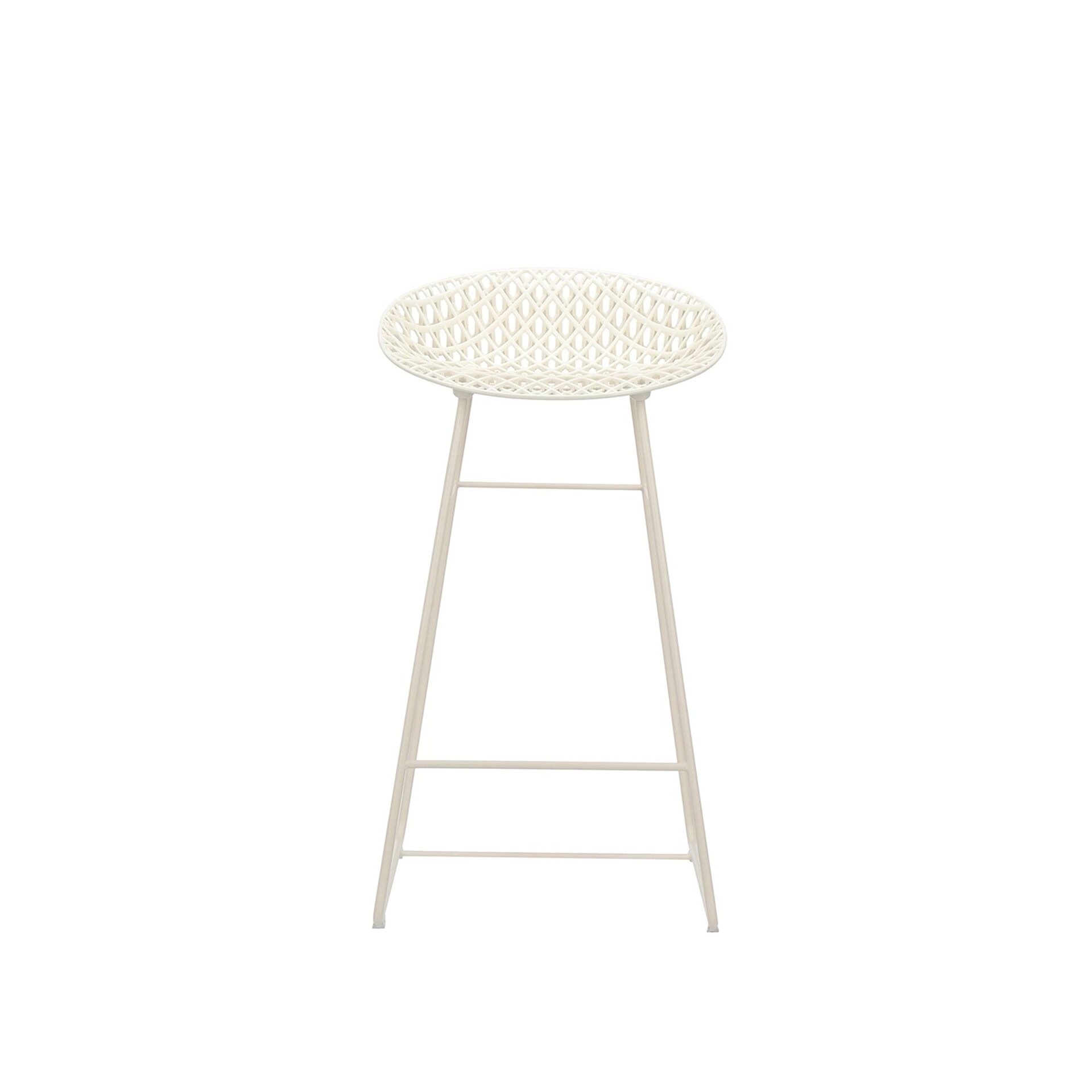 Woven bar stool with a round seat and tall legs, white finish.