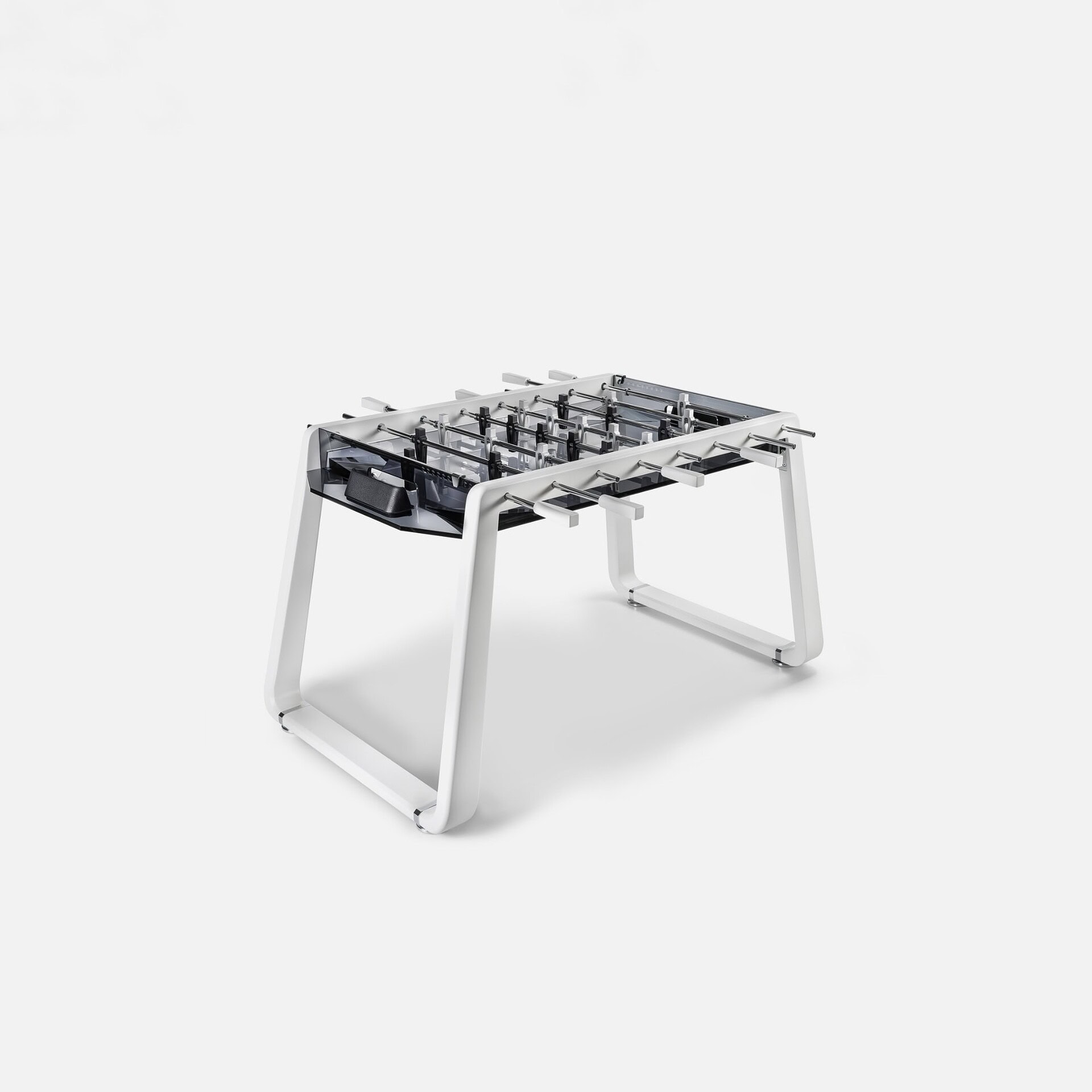 Modern white and black Foosball table, sleek design, ideal for game rooms and entertainment spaces.