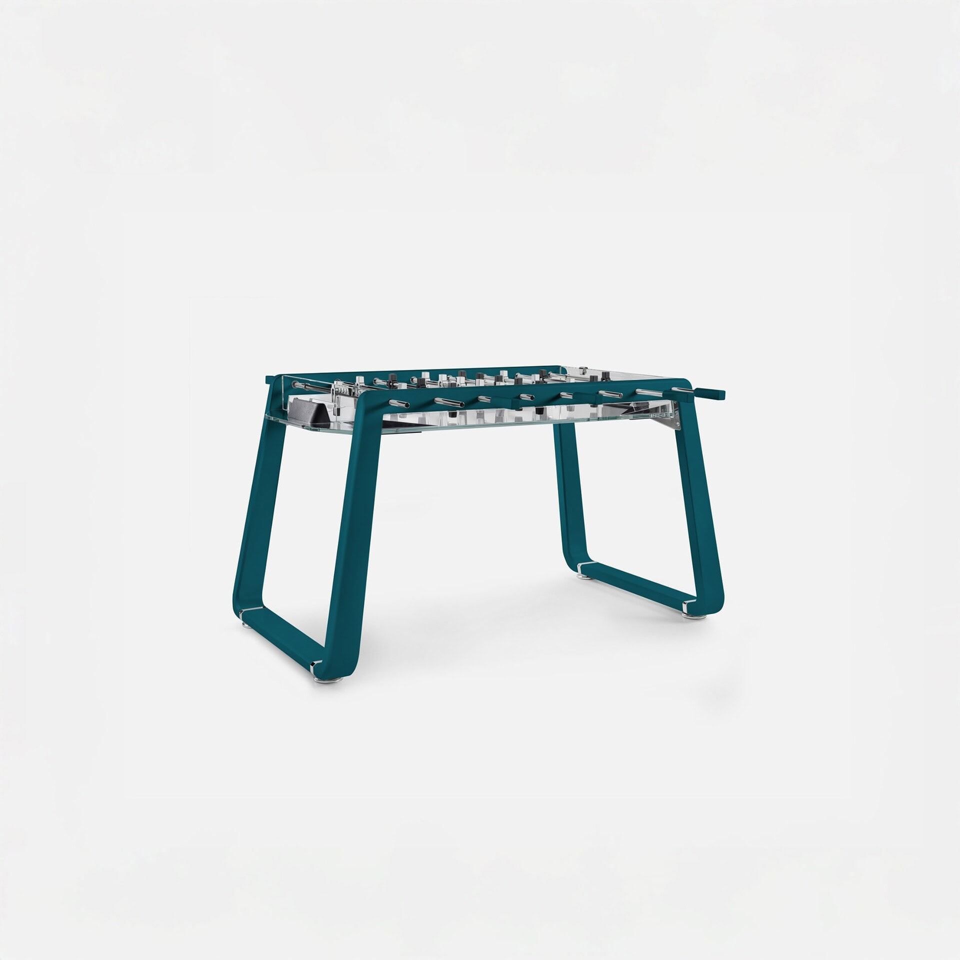 Modern teal foosball table with sleek design and durable construction for entertainment.
