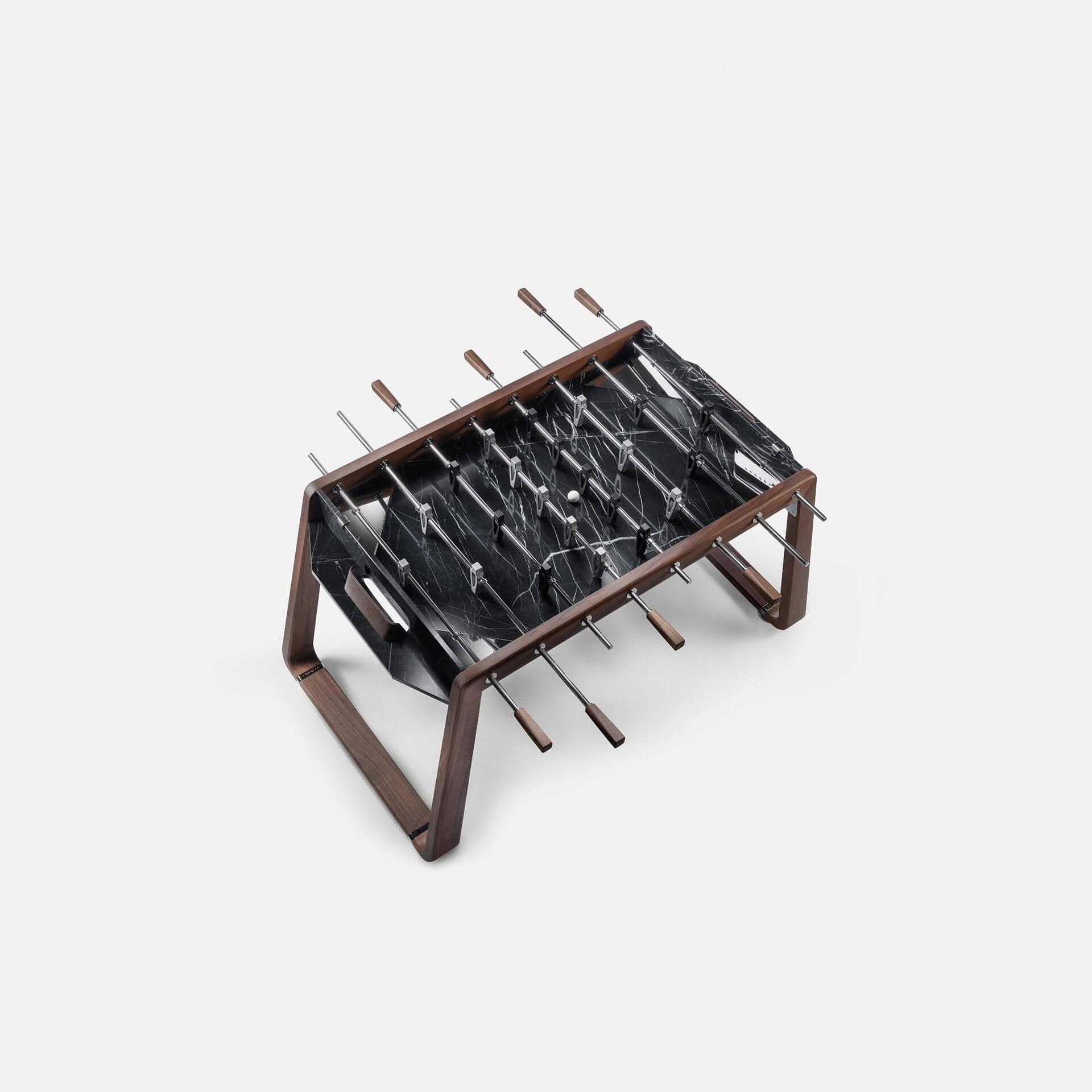 Modern custom foosball table with black marble top and wooden accents, perfect for game rooms or entertaining spaces.