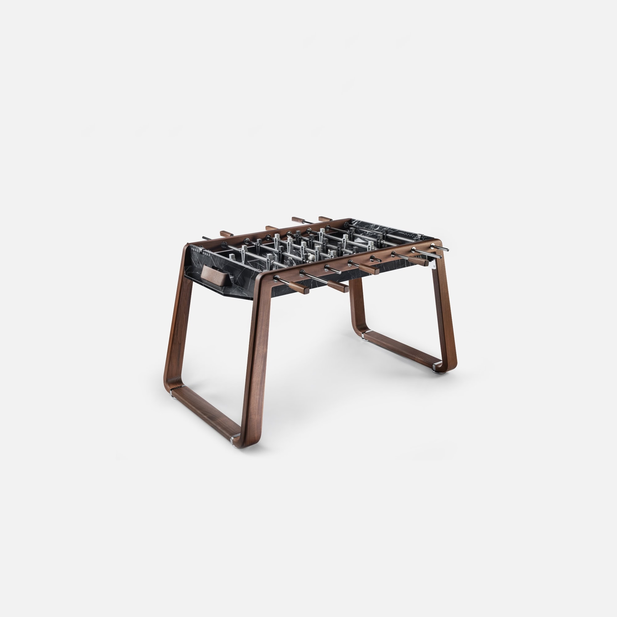 1. Modern foosball table with wooden legs and sleek design for game rooms and entertainment spaces.