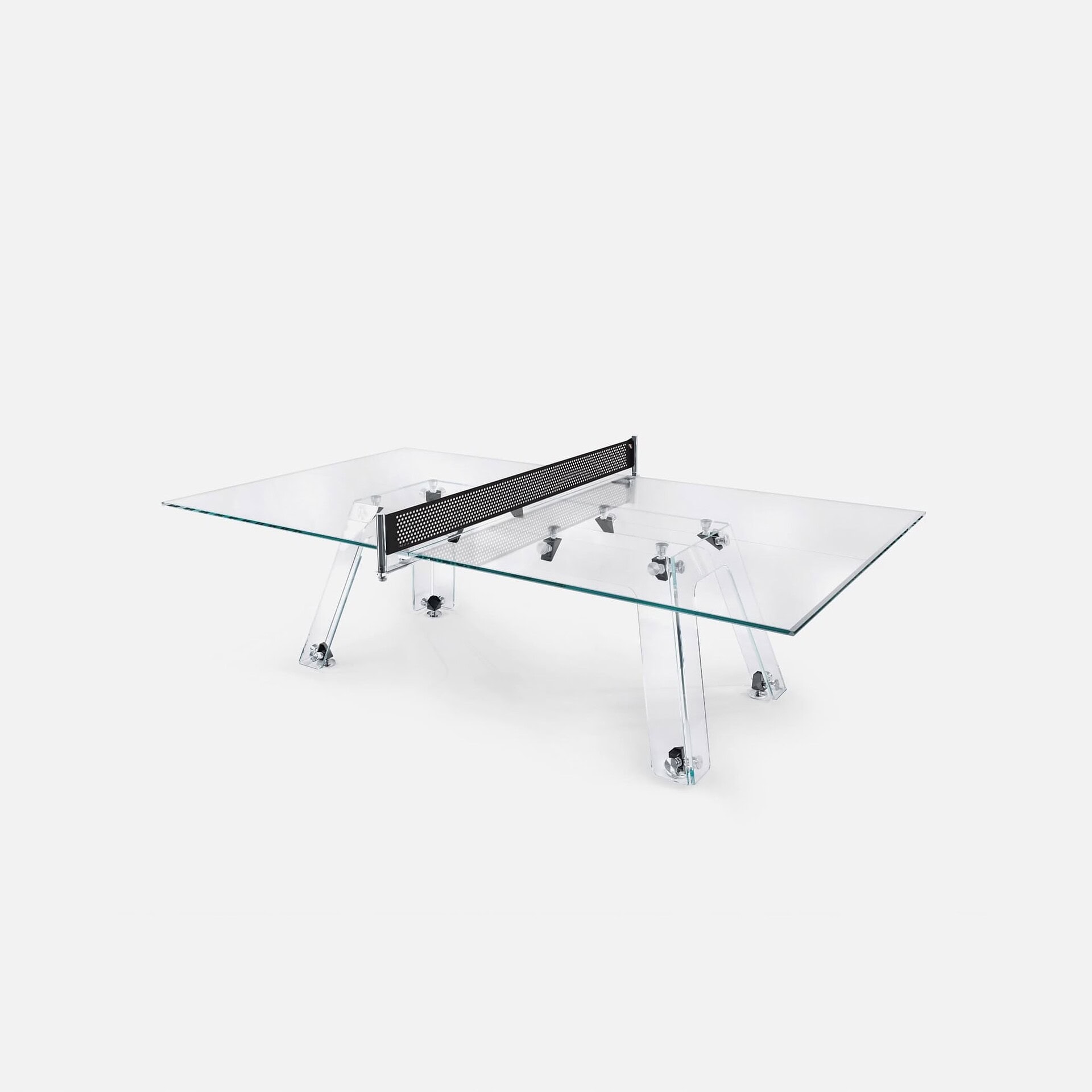 Sleek glass modern ping pong table with black accents, perfect for stylish game rooms and entertainment spaces.
