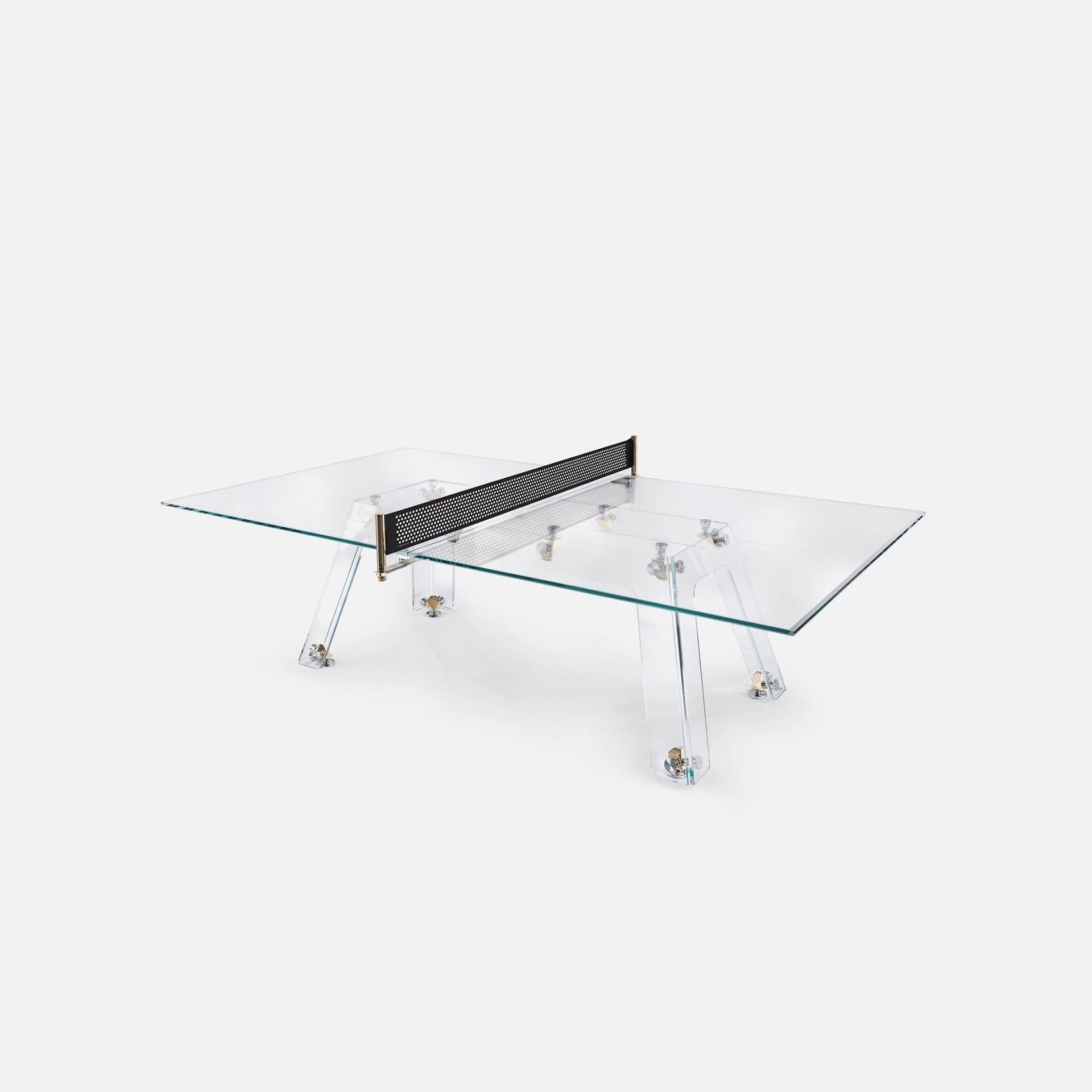 Acrylic modern ping pong table with black net and clear legs, stylish for home or office entertainment.