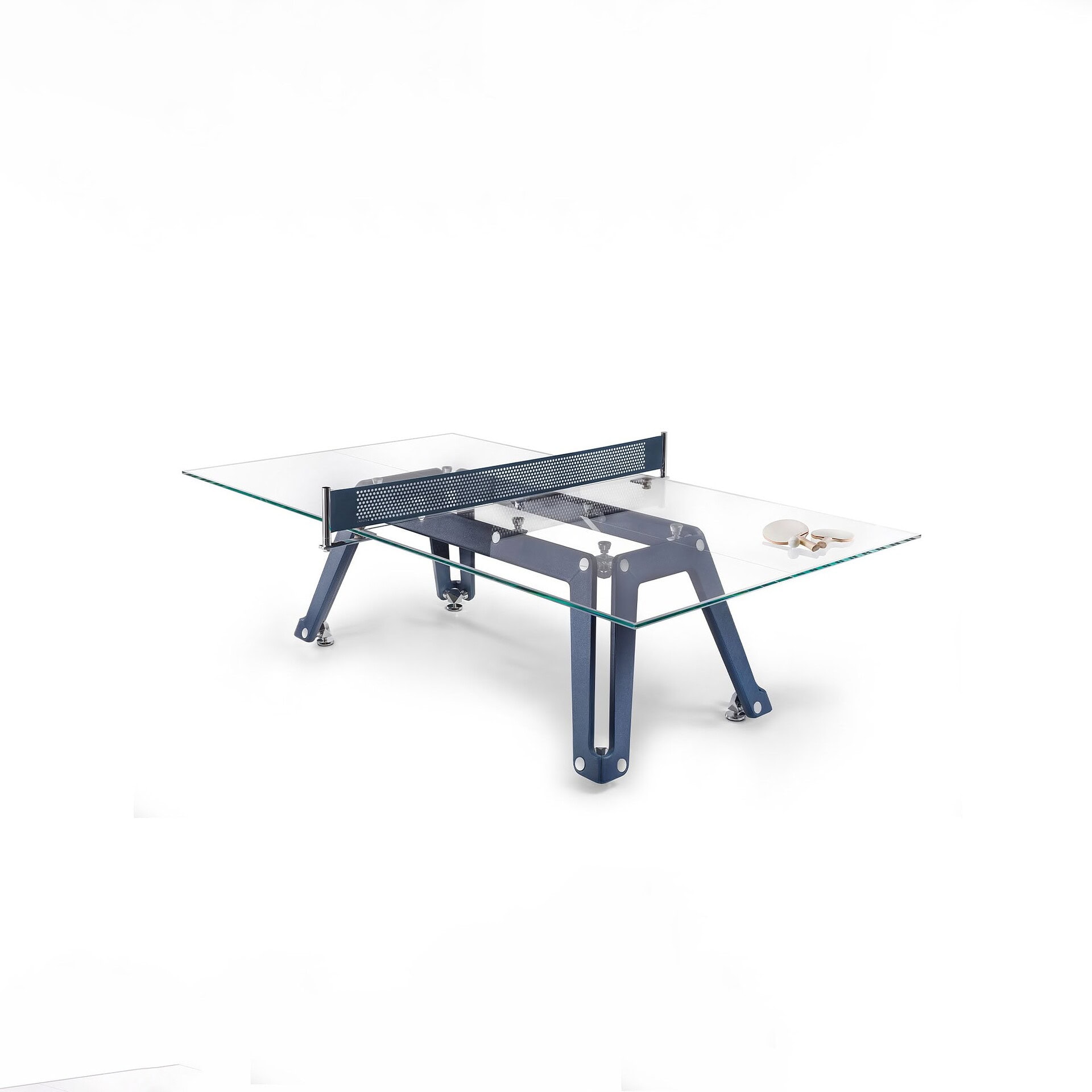 Modern glass-top ping pong table with blue frame and adjustable legs, perfect for indoor recreational use.