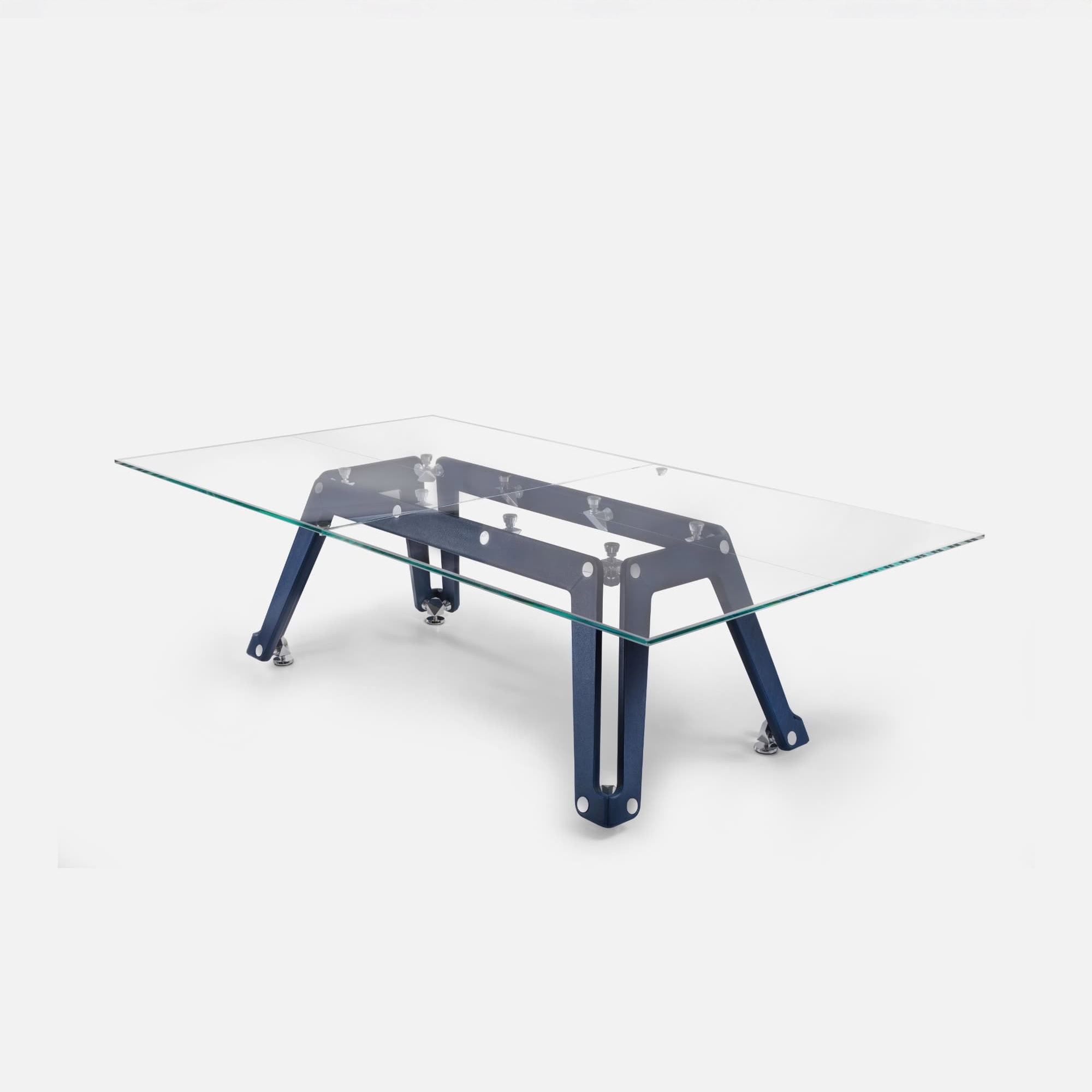 a glass table with metal legs