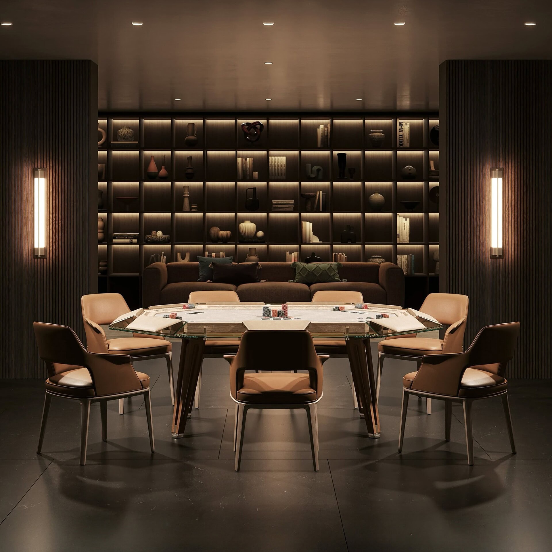 Sleek modern dining room with stylish chairs and sophisticated woodworking by Sklar Furnishings.