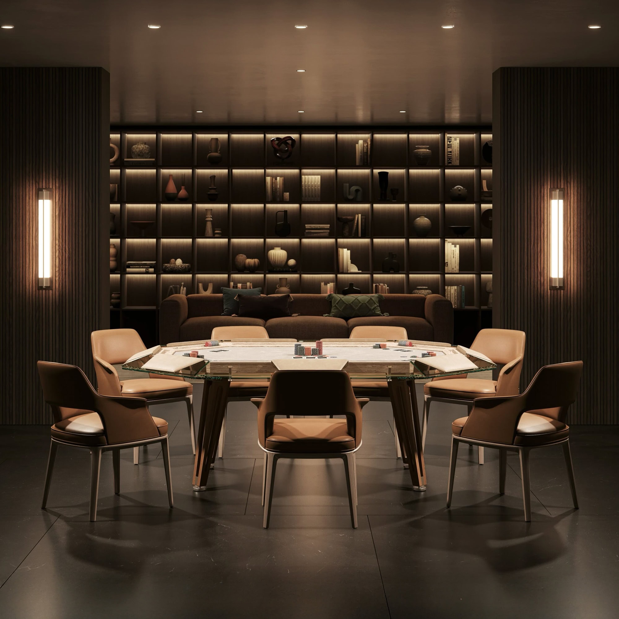 Sleek modern dining room with stylish chairs and sophisticated woodworking by Sklar Furnishings.