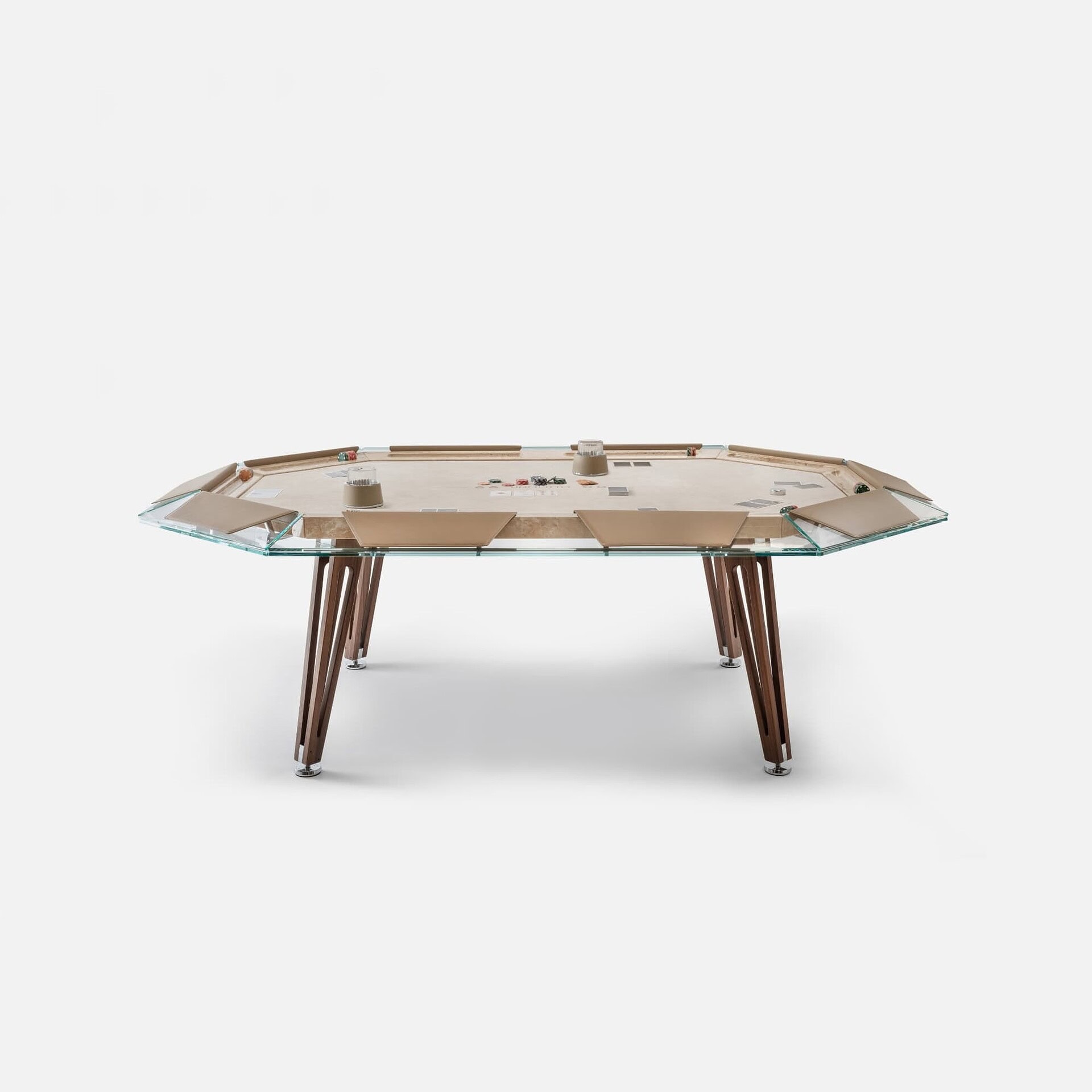 Elegant modern poker table with glass accents and wooden legs for luxury game room setups.