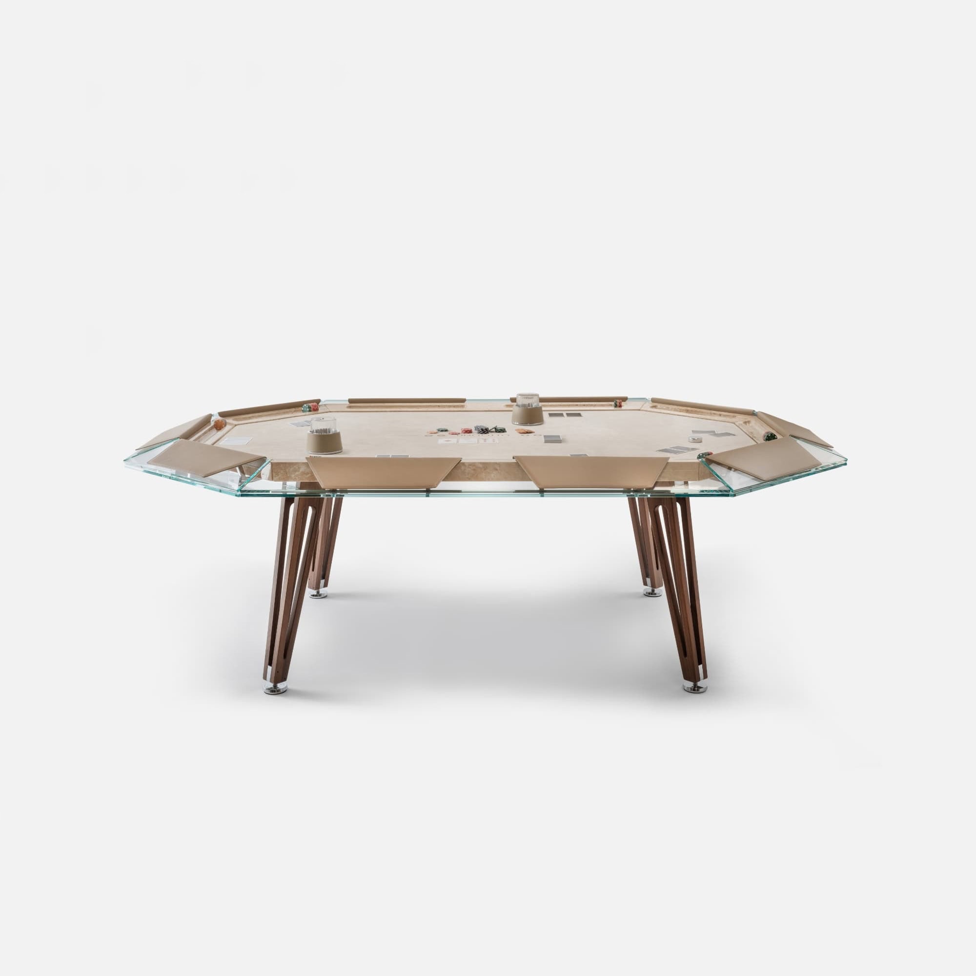 Elegant modern poker table with glass accents and wooden legs for luxury game room setups.