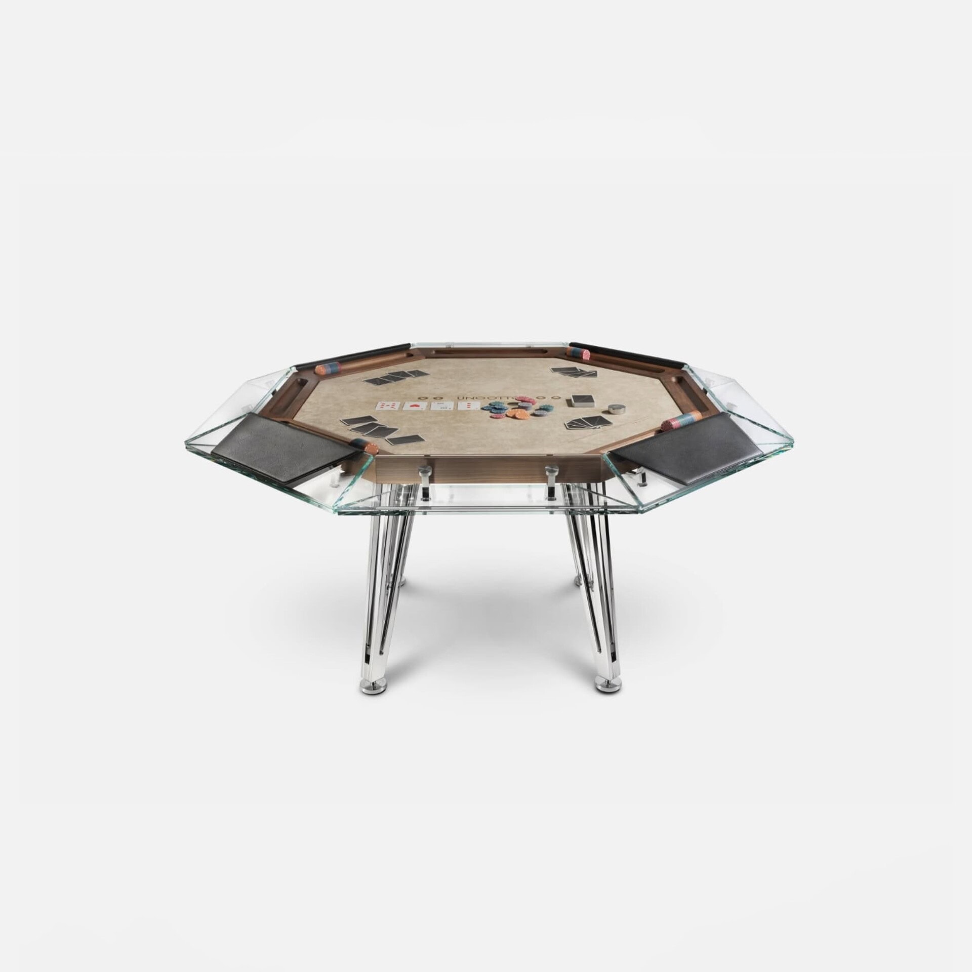Elegant glass top poker table with chrome legs for home casino game room.