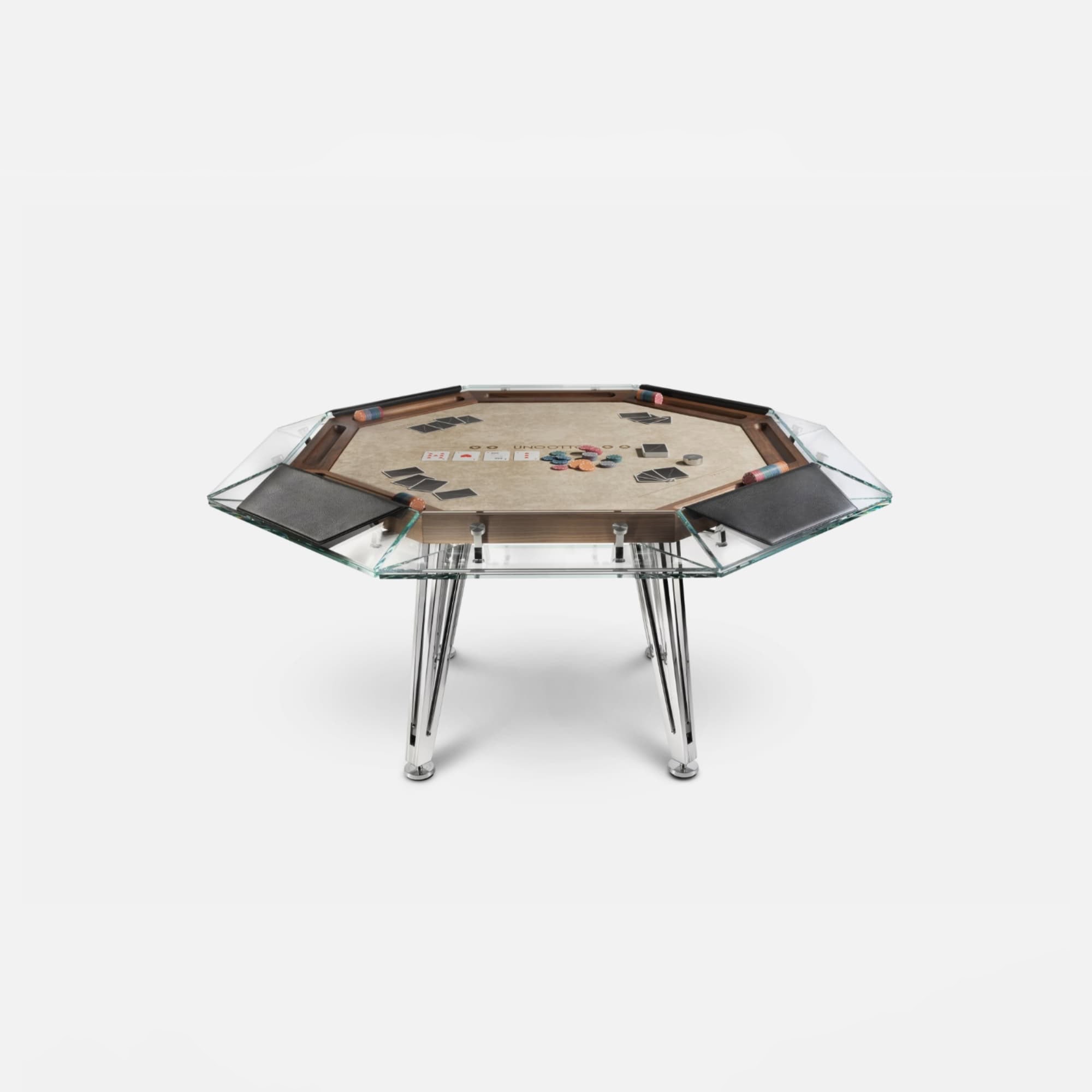 Elegant glass top poker table with chrome legs for home casino game room.