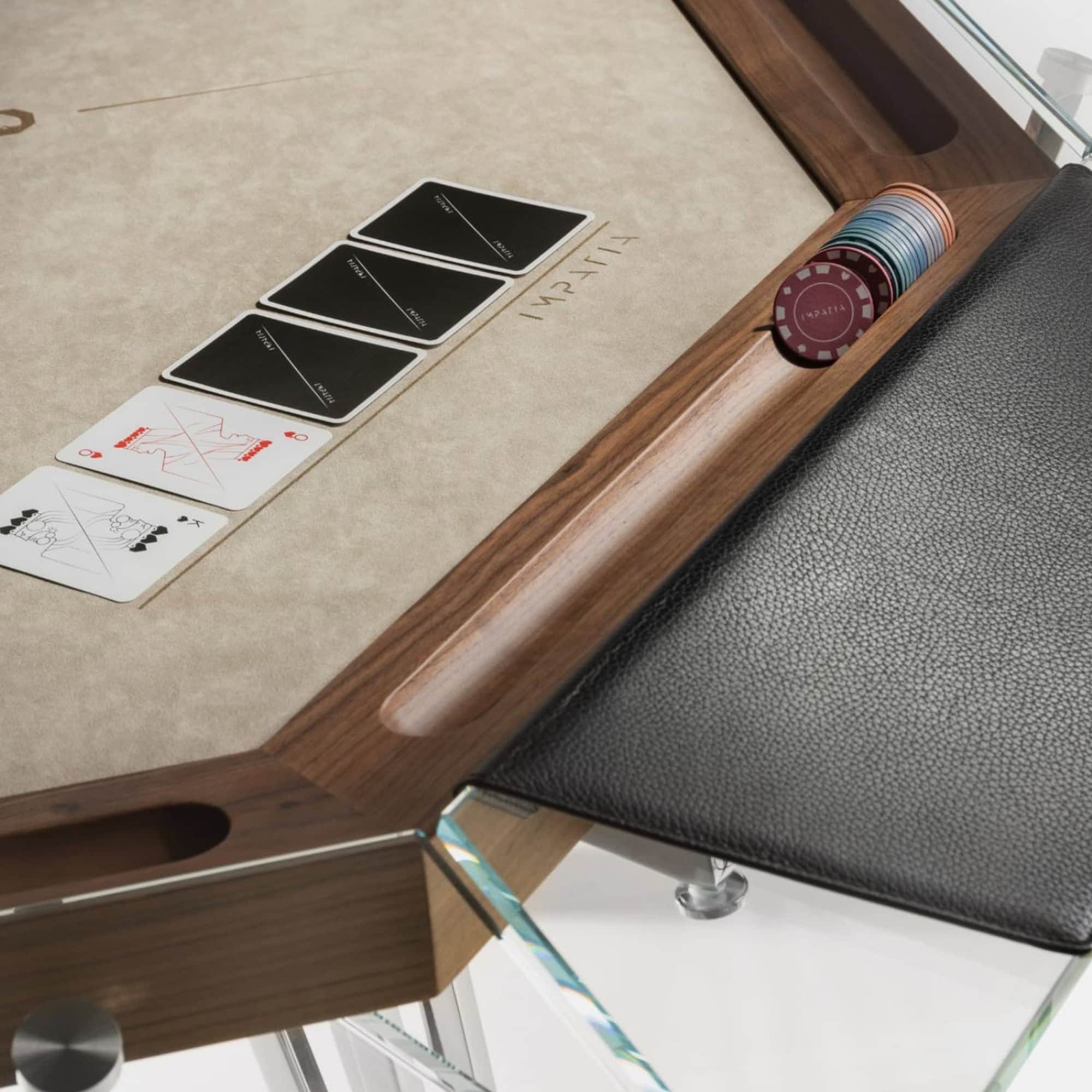 1. Modern poker table with leather seating and wooden accents, perfect for home game rooms.