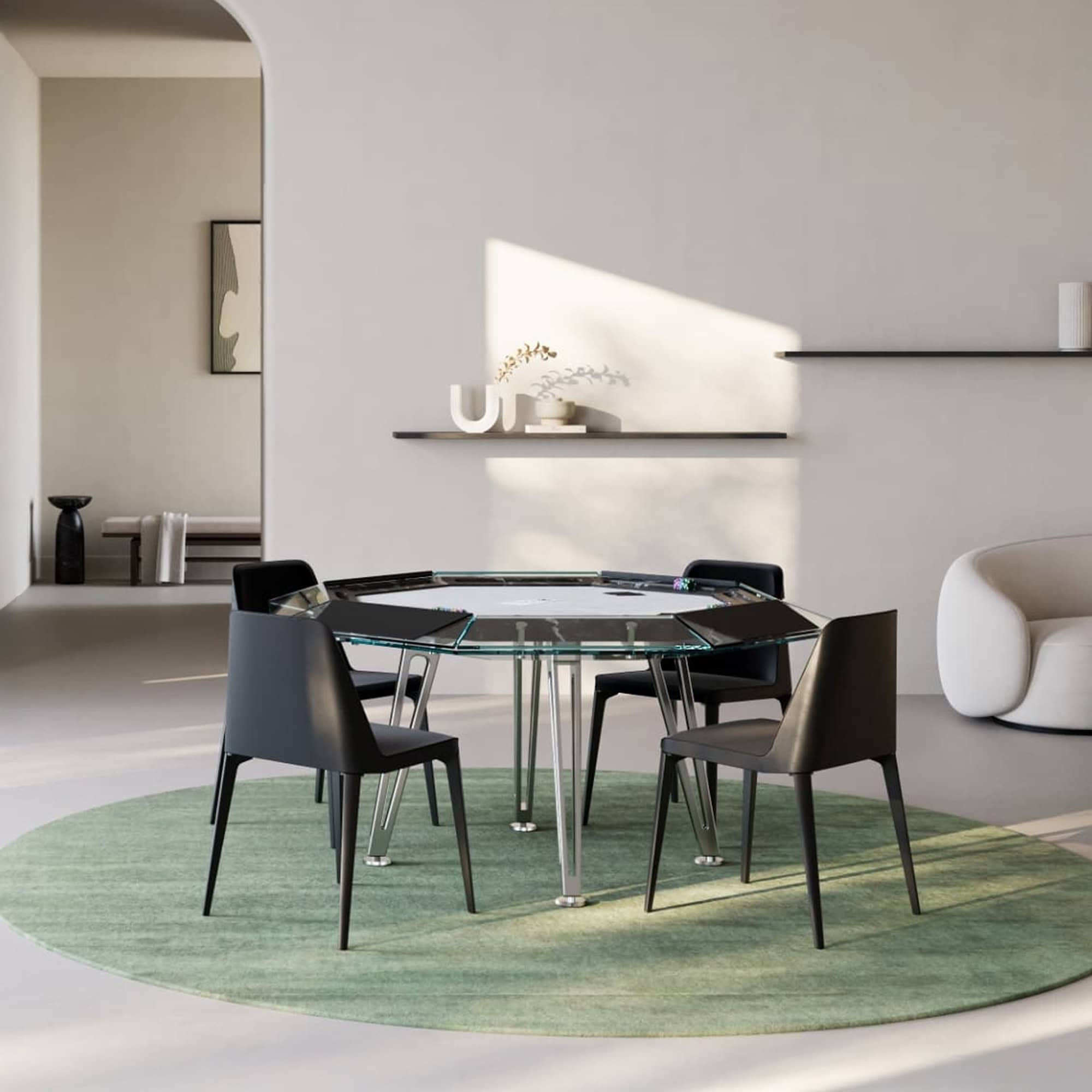 a room with a round table and chairs