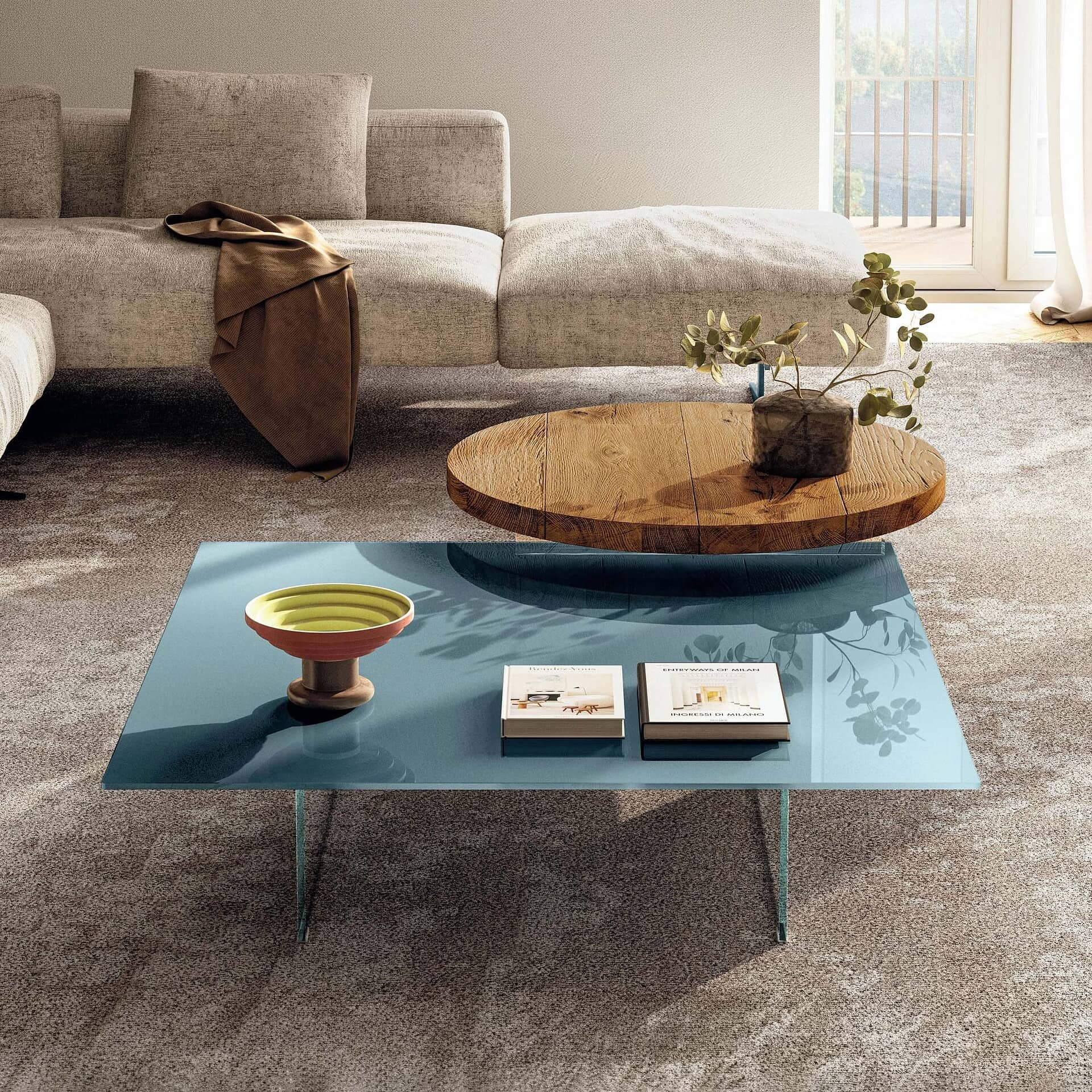 Modern air floating coffee table with a sleek blue glass top and minimalist design.