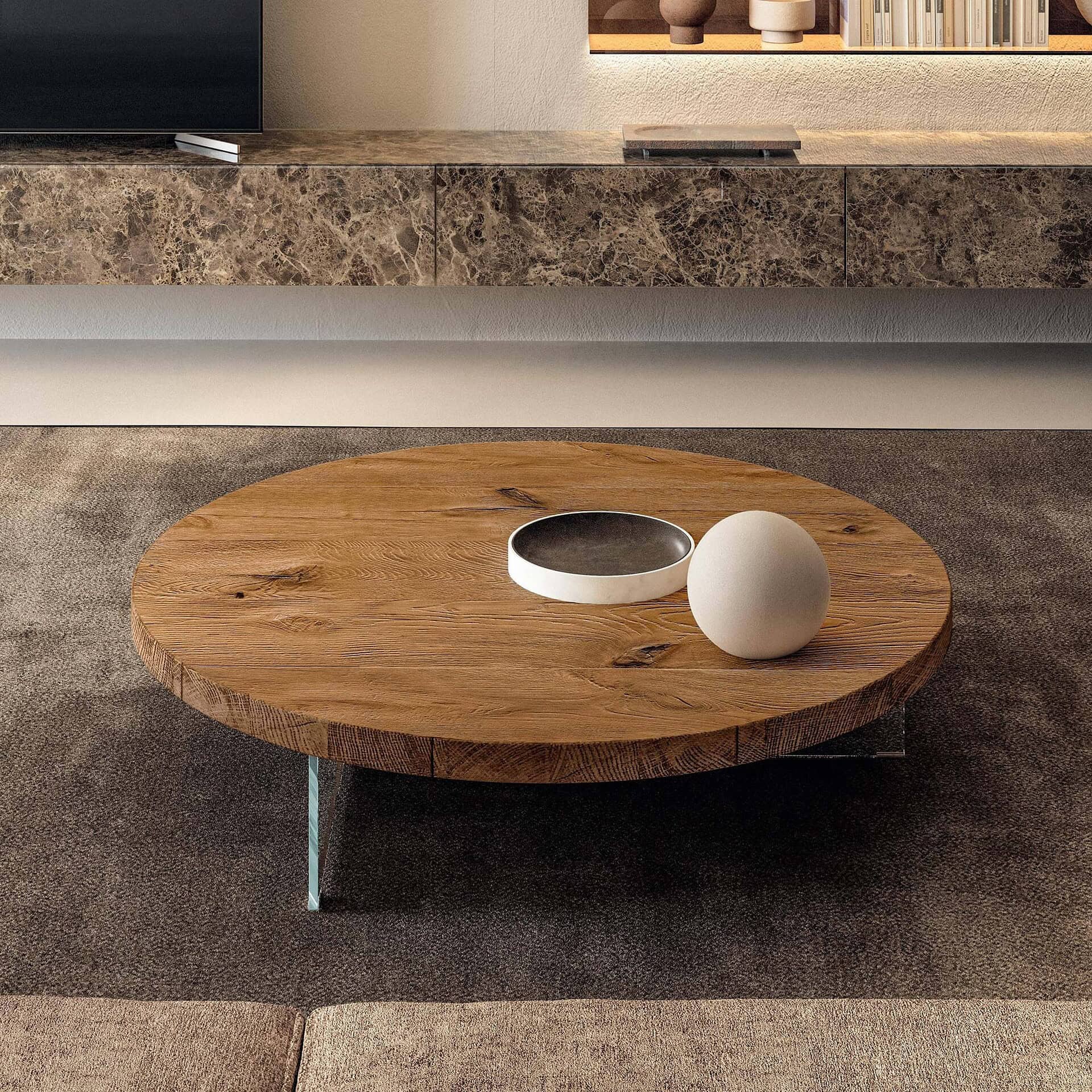 Modern round floating coffee table with sleek design and minimalist style.