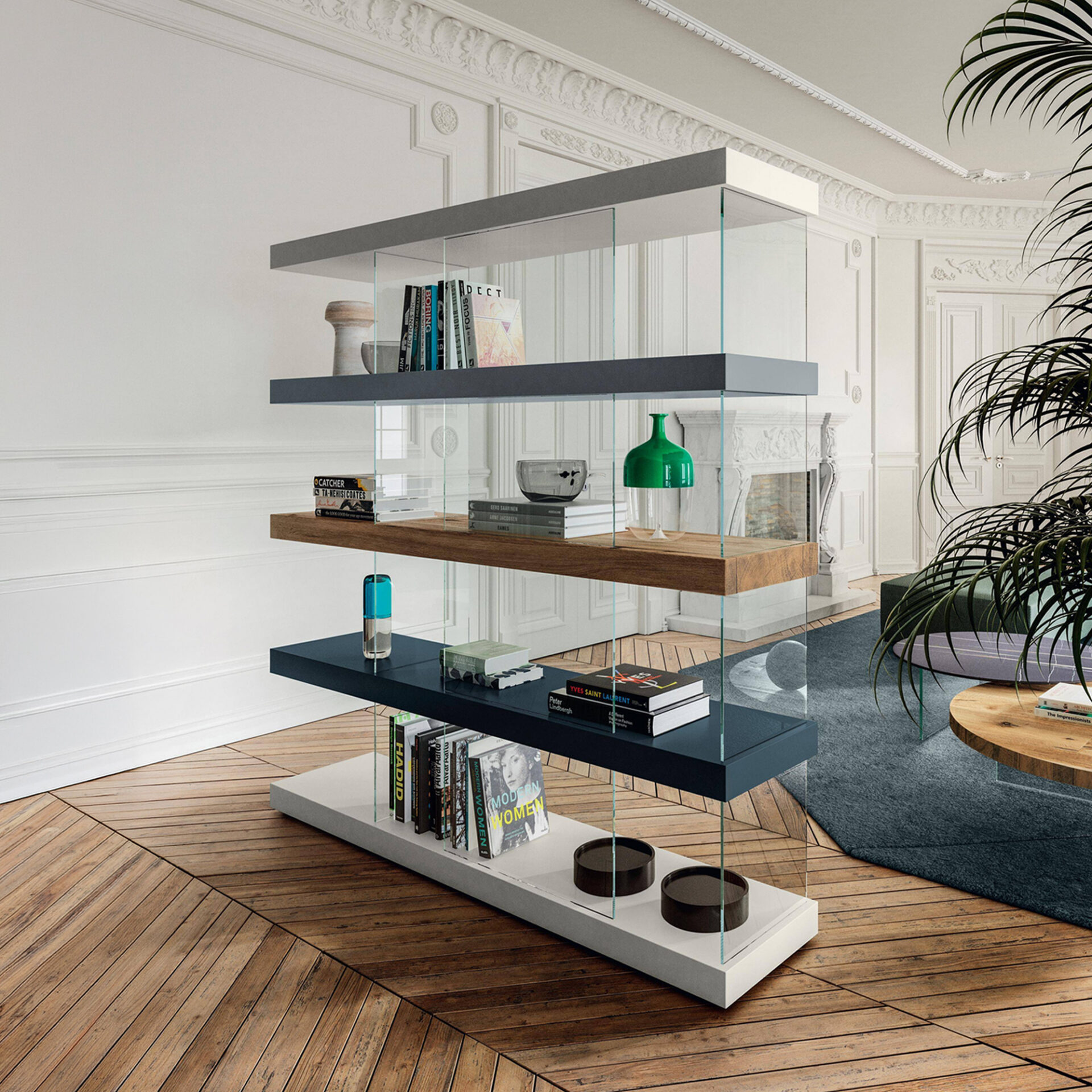 Elegant glass and wood shelving unit for stylish home organization.