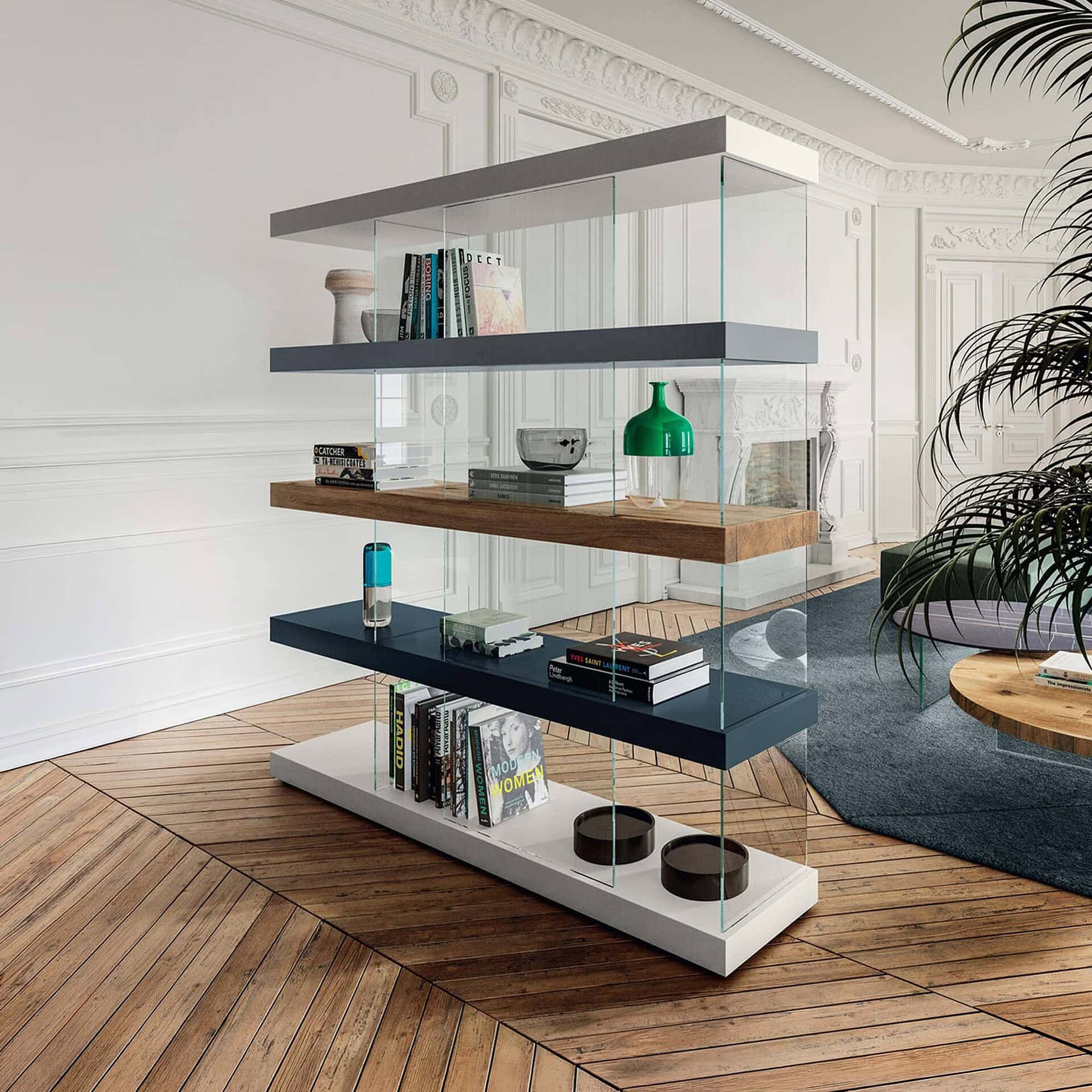 Elegant glass and wood shelving unit for stylish home organization.