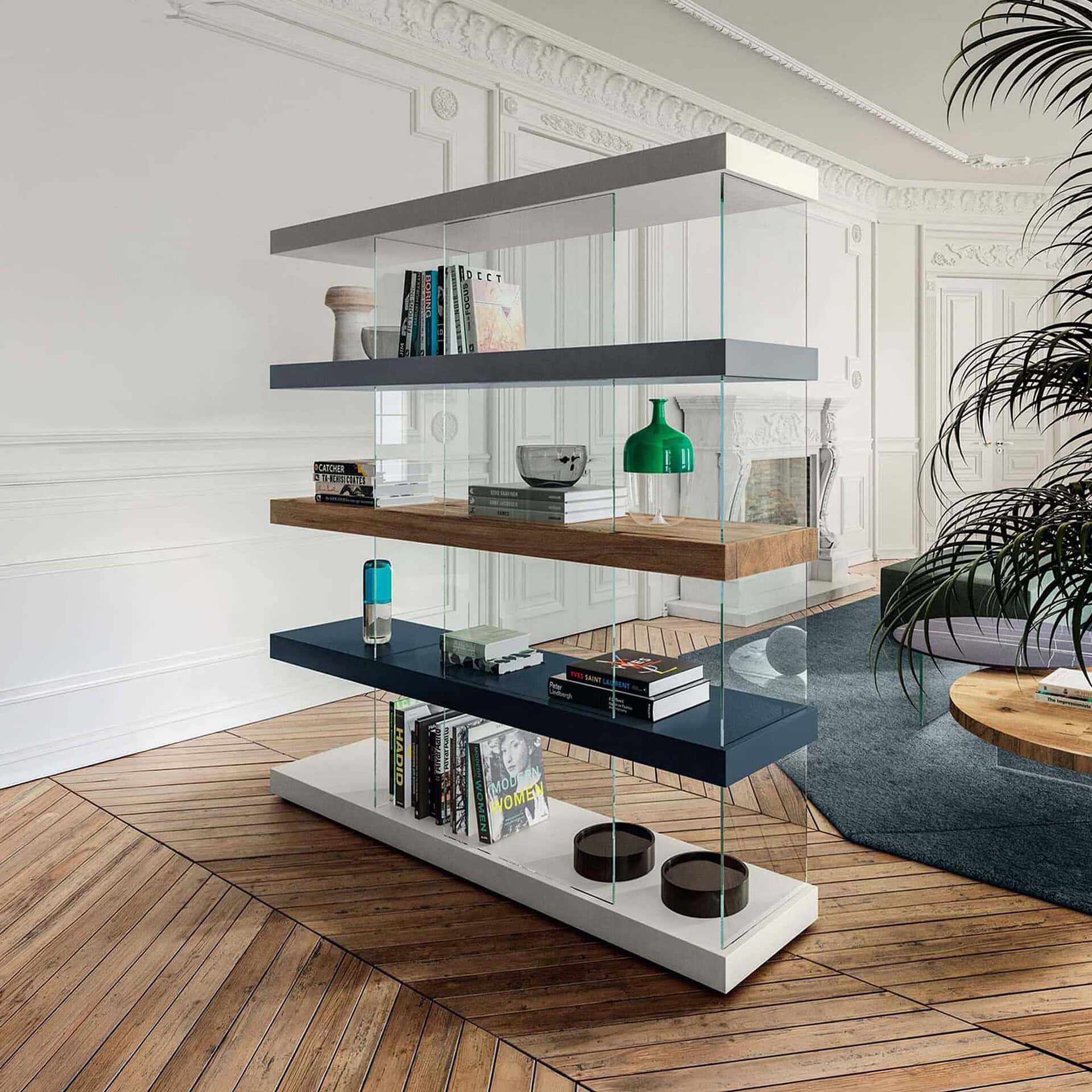 Elegant glass and wood shelving unit for stylish home organization.