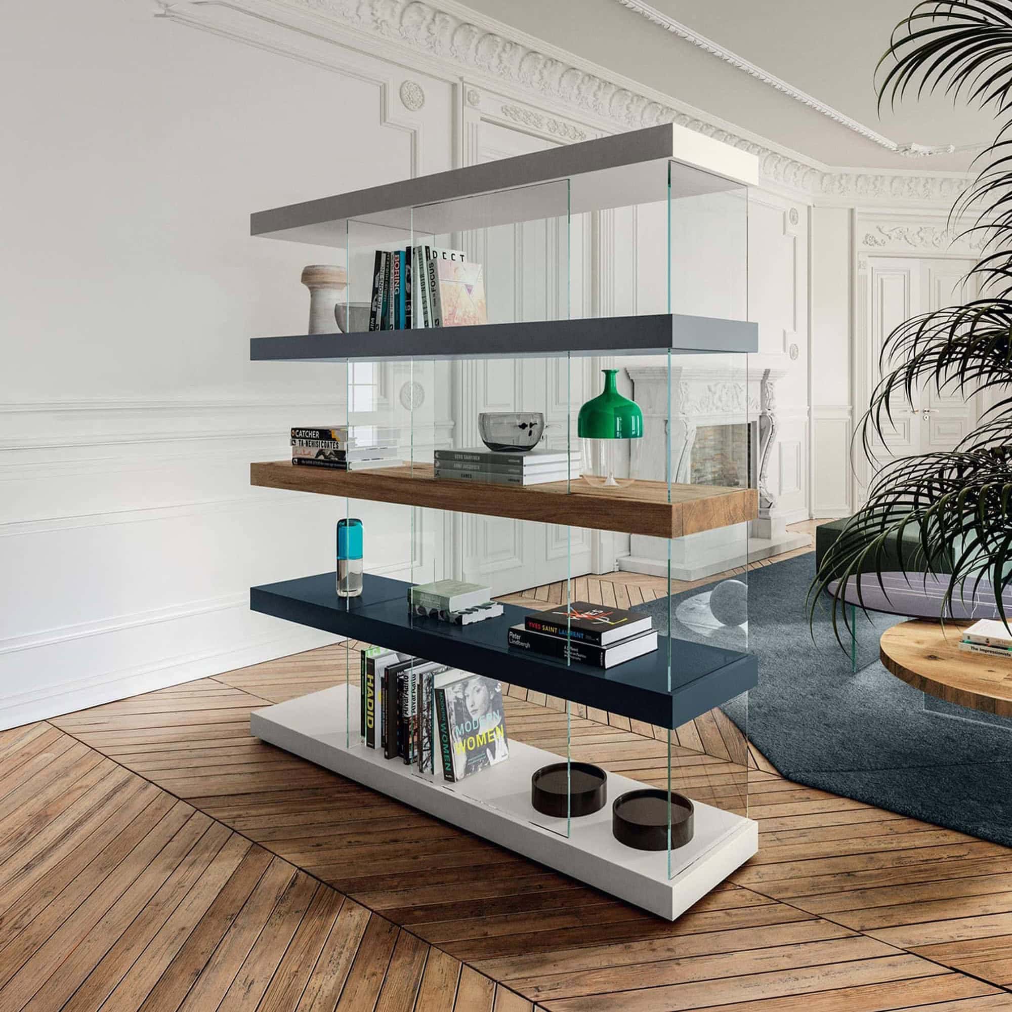 Elegant glass and wood shelving unit for stylish home organization.