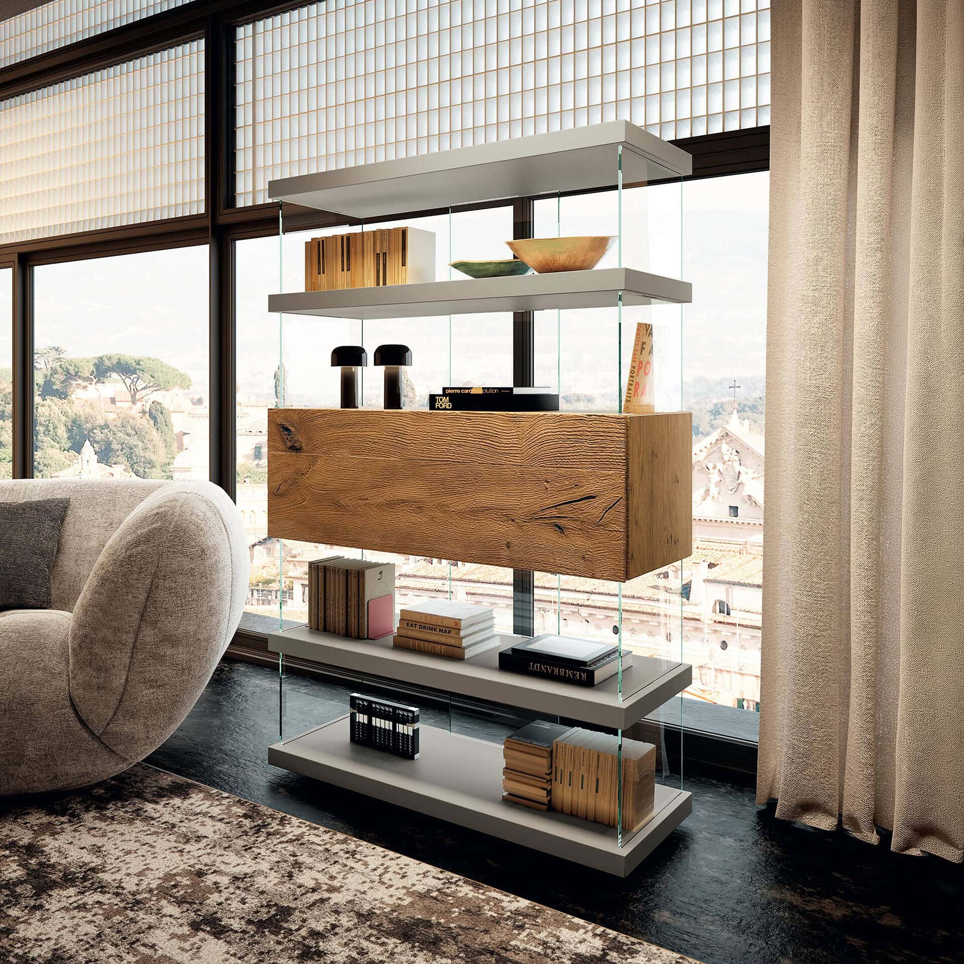 Stylish wooden and glass shelving unit in a contemporary living room setting.