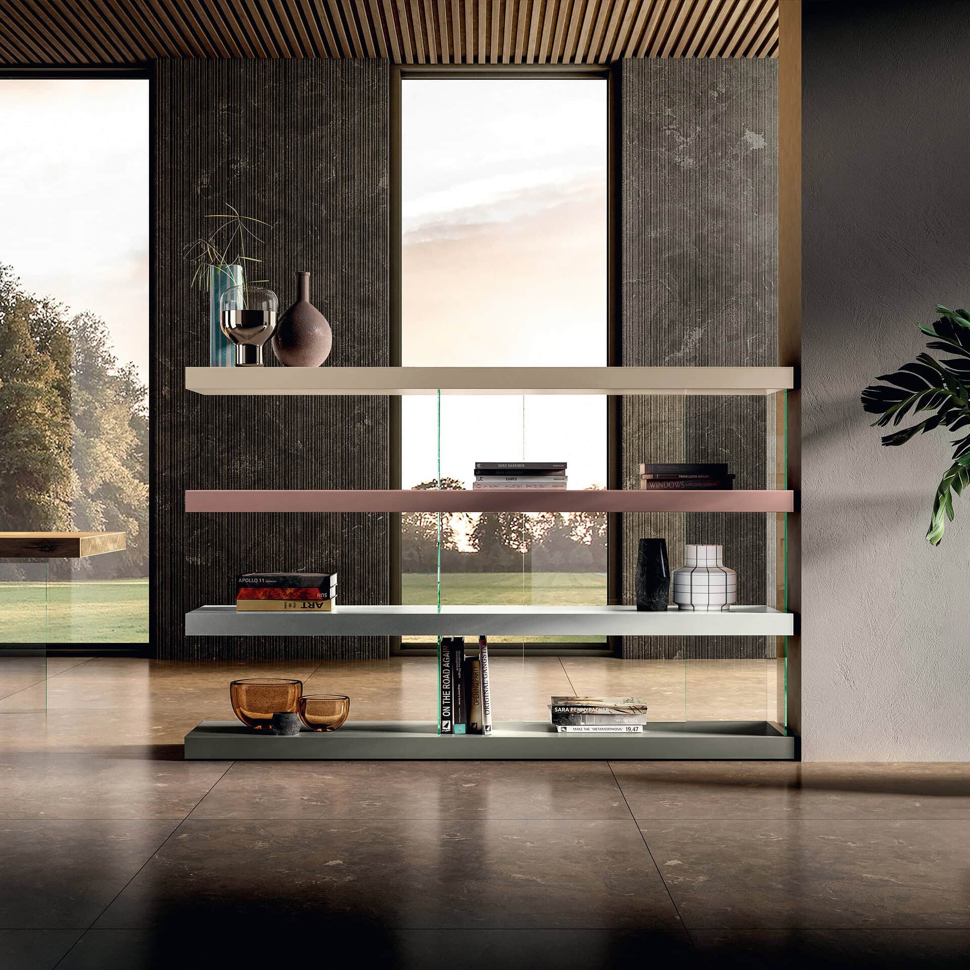 Contemporary open shelving with decorative vases and books in a modern interior.