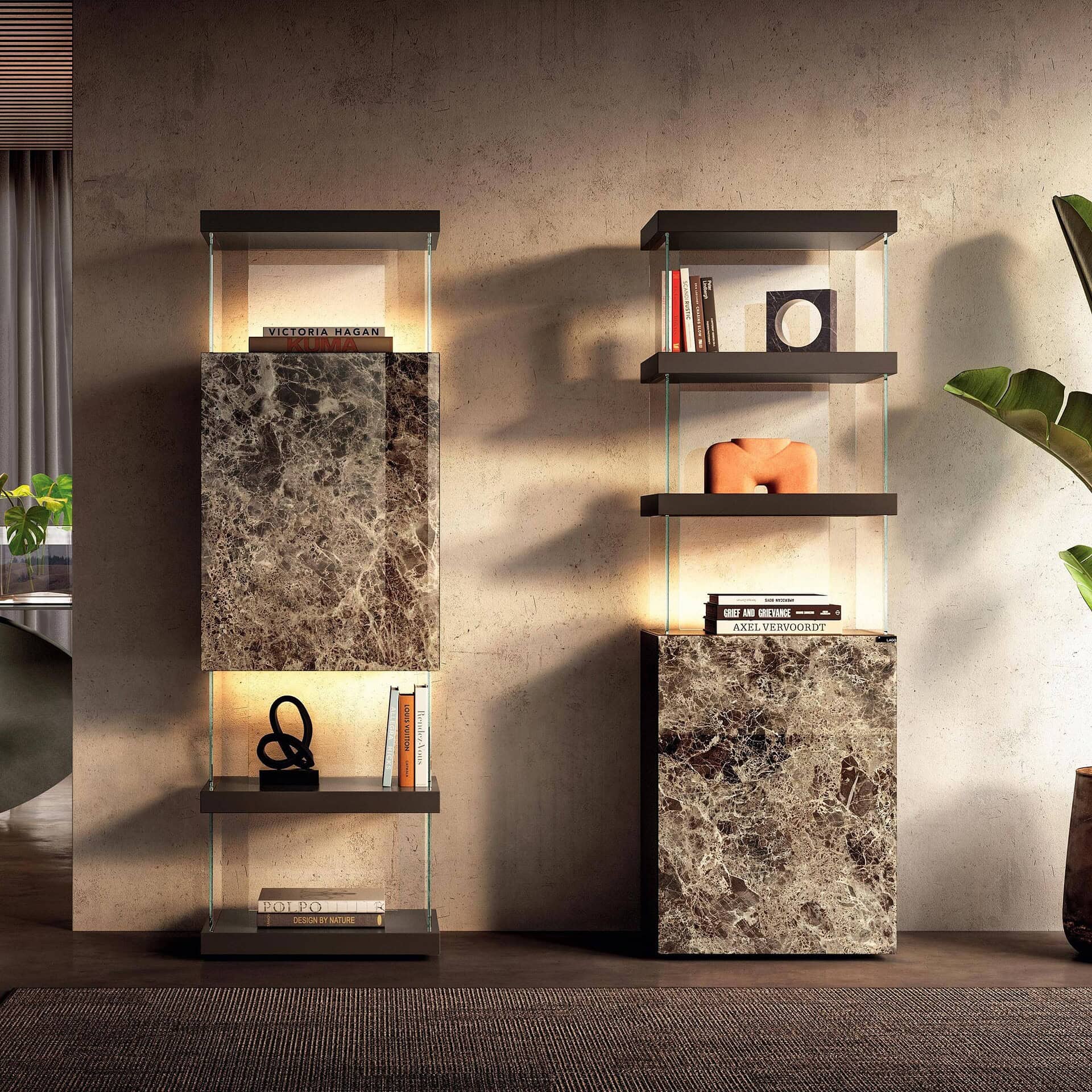 Contemporary marble and wood shelving unit for stylish home storage.
