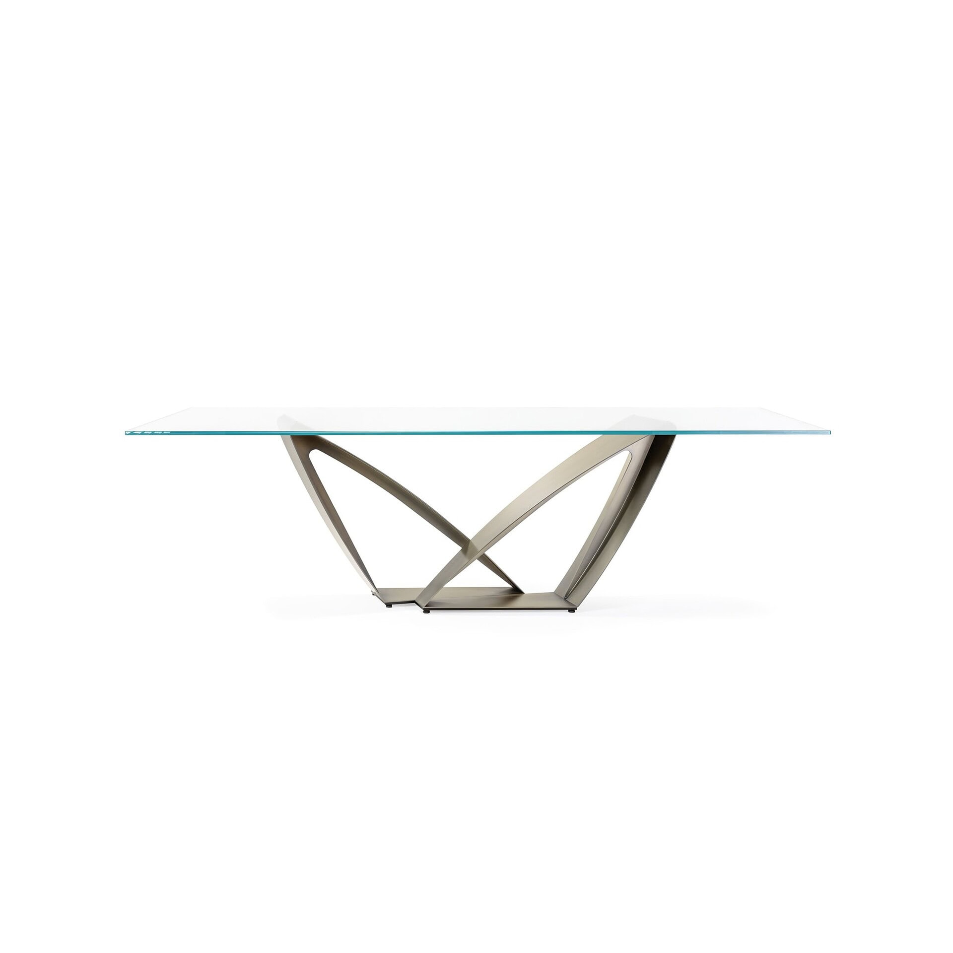 Ápeiron 72 Dining Table with glass top and sculptural metal base – front view