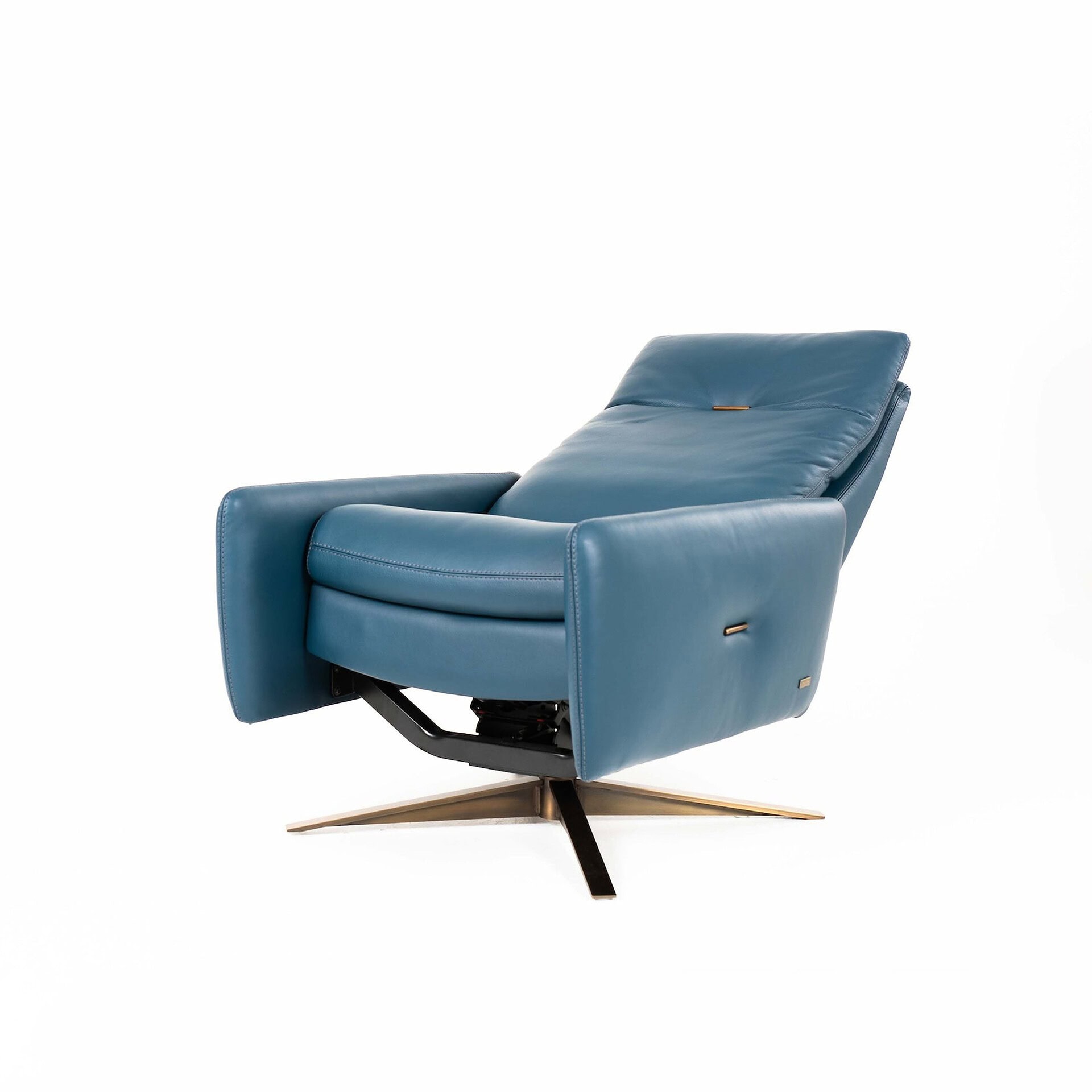 Recliner chair with plush blue leather upholstery and modern design. Perfect for relaxing and added.