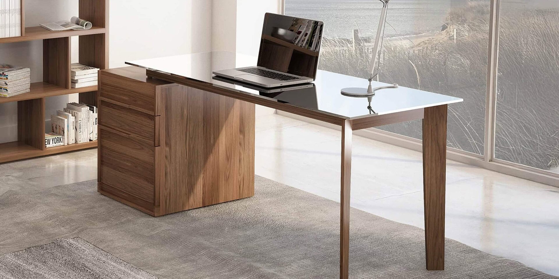Sleek wooden desk with glass top, ideal for modern office spaces, showcasing custom furniture from Sklar Furnishings.