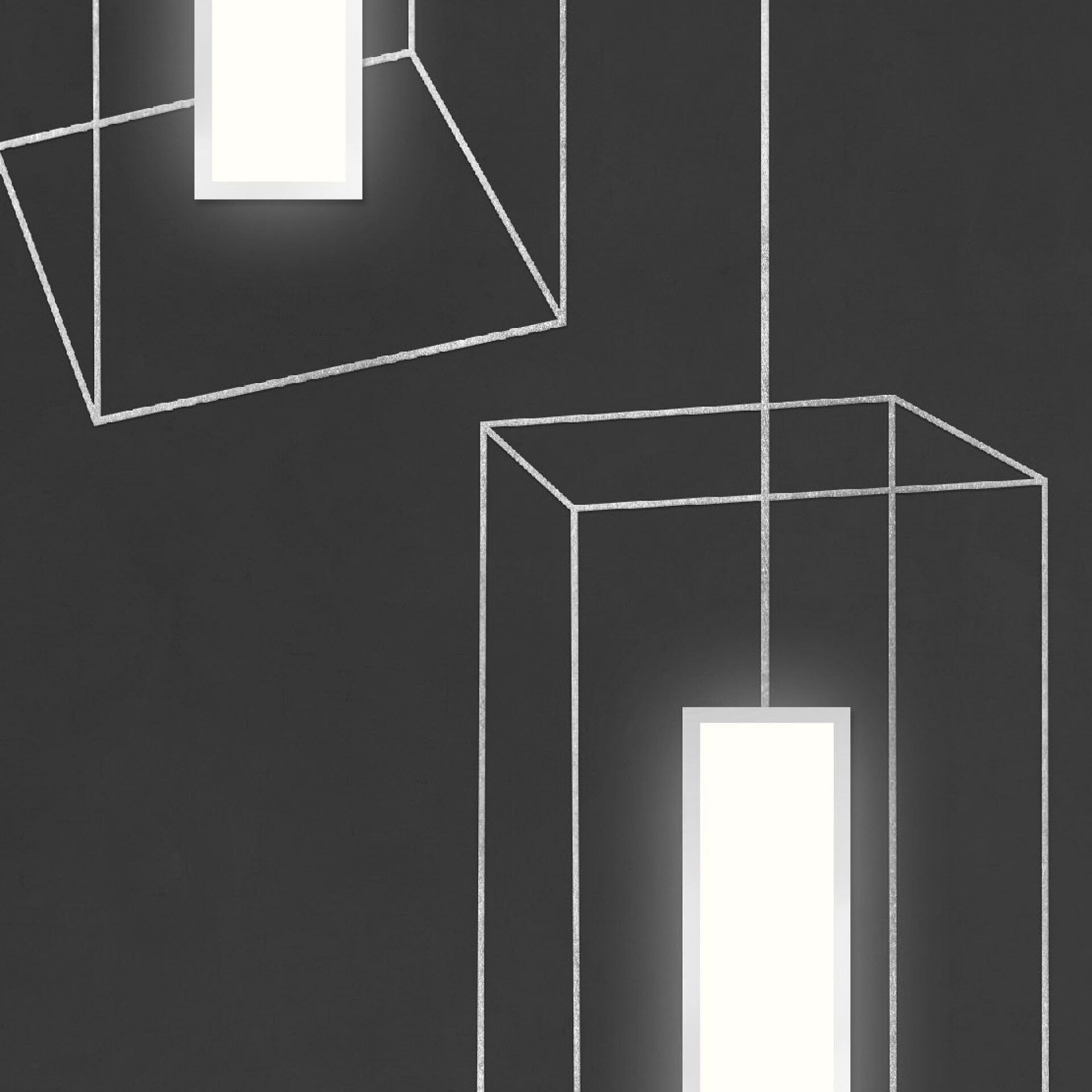 Two modern pendant lights with glowing rectangular white sources and shimmering silver geometric frames against a dark gray background.