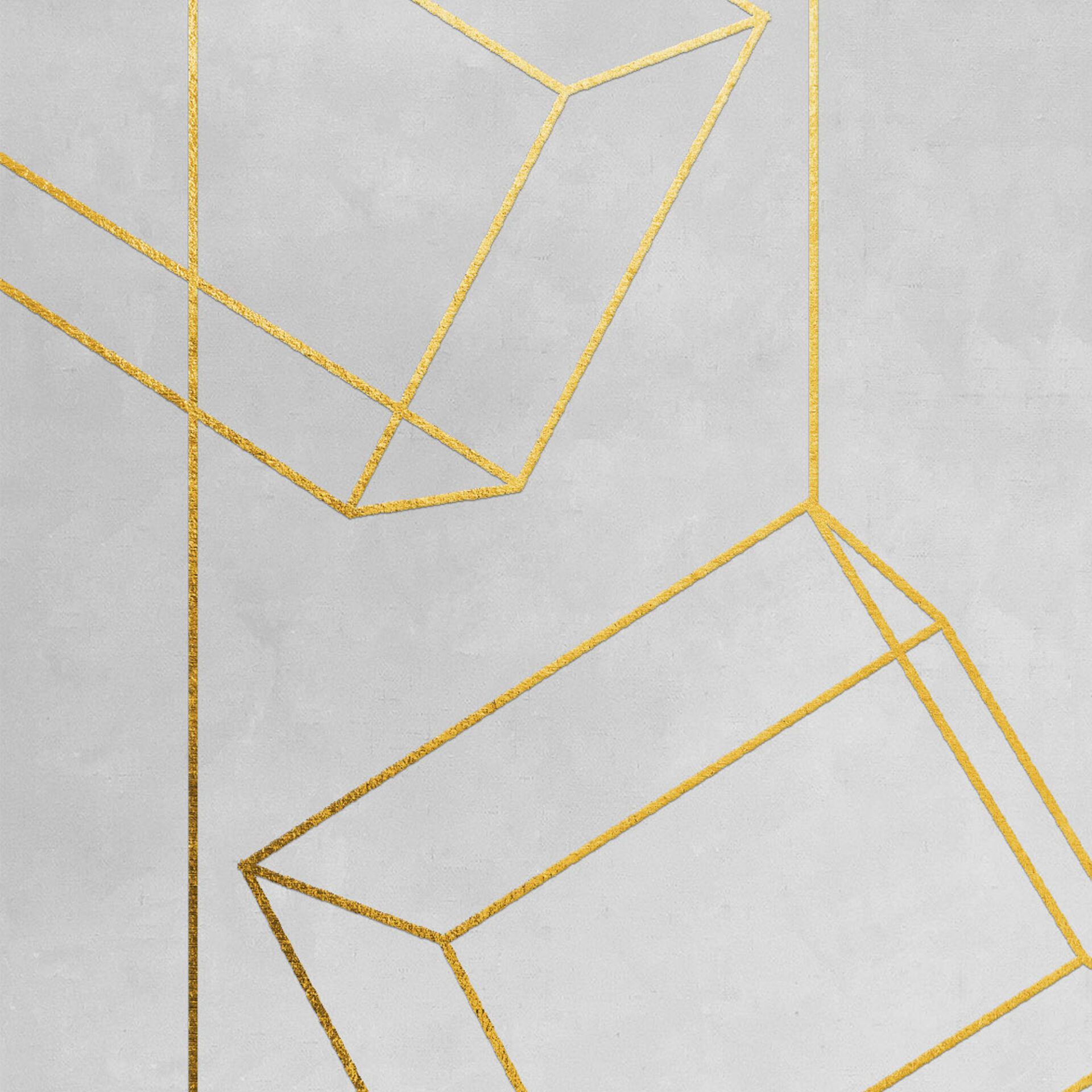 Abstract art with shimmering gold geometric lines forming fragmented shapes on a light gray textured background.