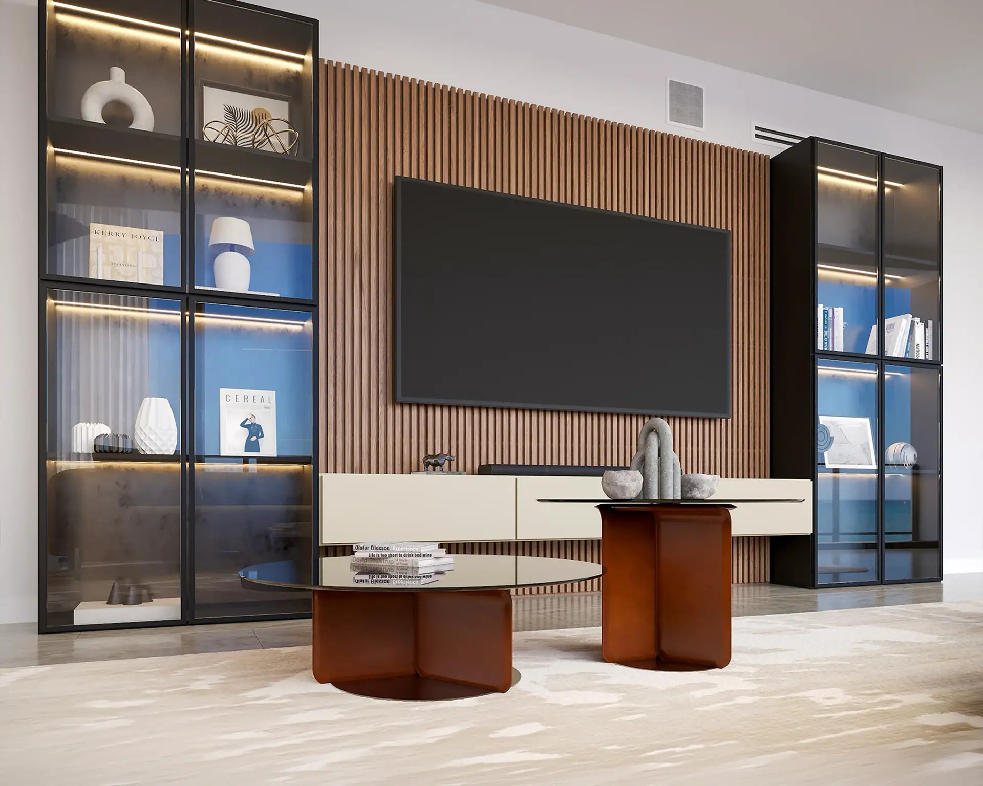 A modern living room with a large TV mounted on a slatted wooden wall, flanked by dark-framed, blue-lit glass display cabinets. Two brown and glass coffee tables sit on a light patterned rug in the foreground.