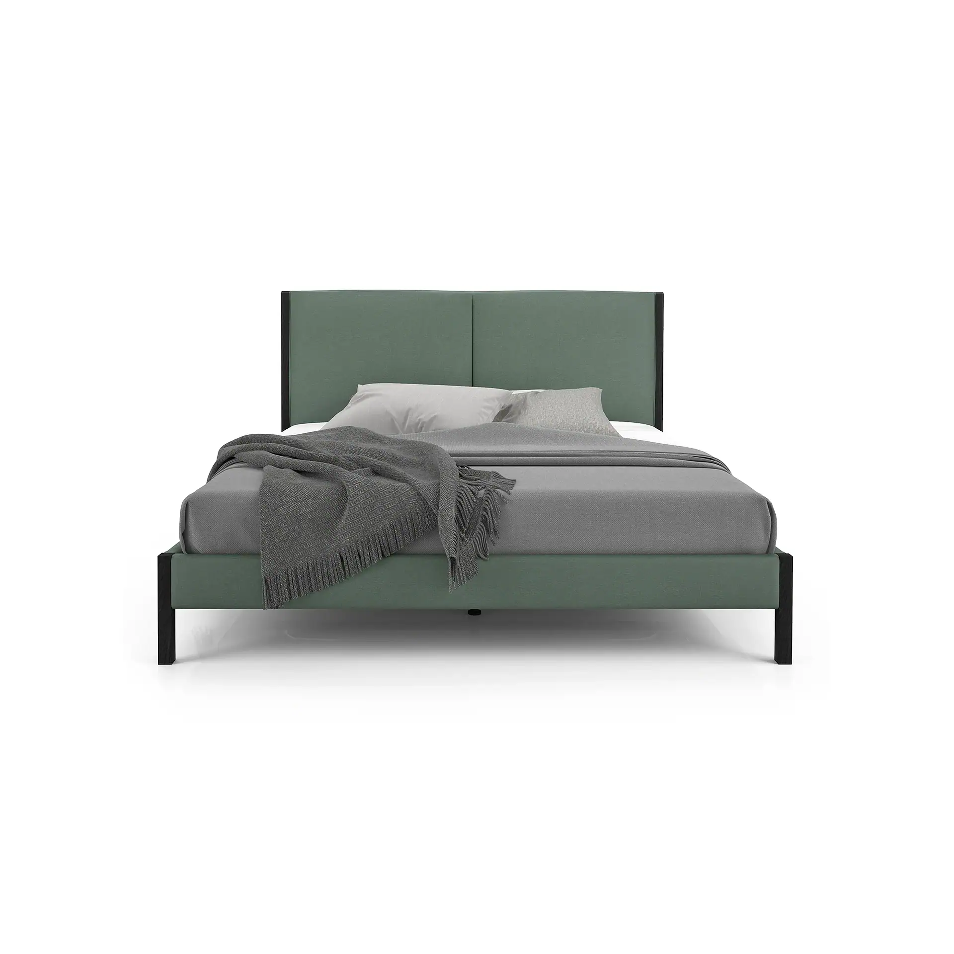 A dark green upholstered bed with a grey duvet, two grey pillows, and a dark grey throw blanket, on a white background.